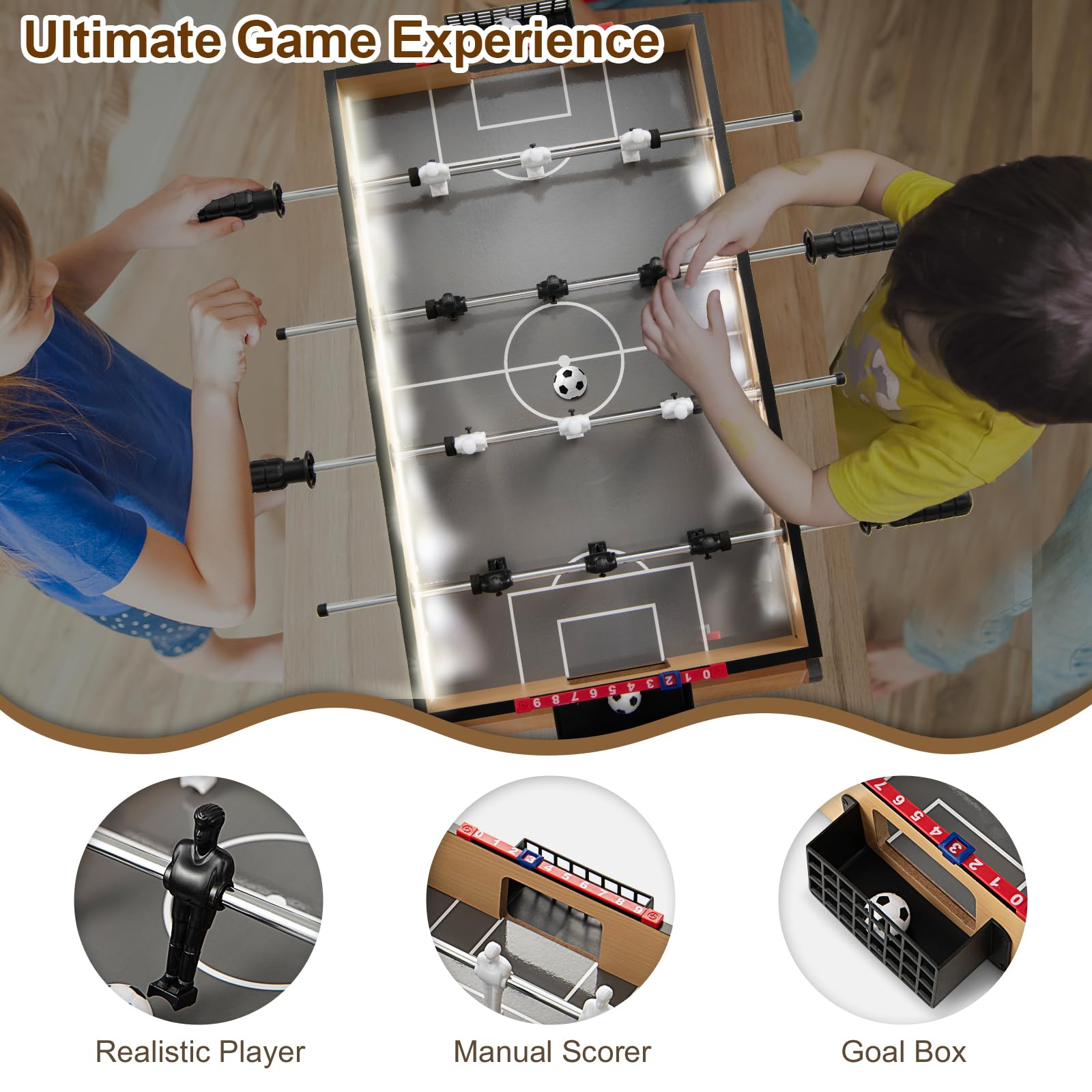 HOMASIS Home Baby-Foot avec lumières LED, Baby-Foot pour Enfants avec 2 balles, Baby-Foot pour Enfants à partir de 3 Ans, 59 x 51 x 8 cm