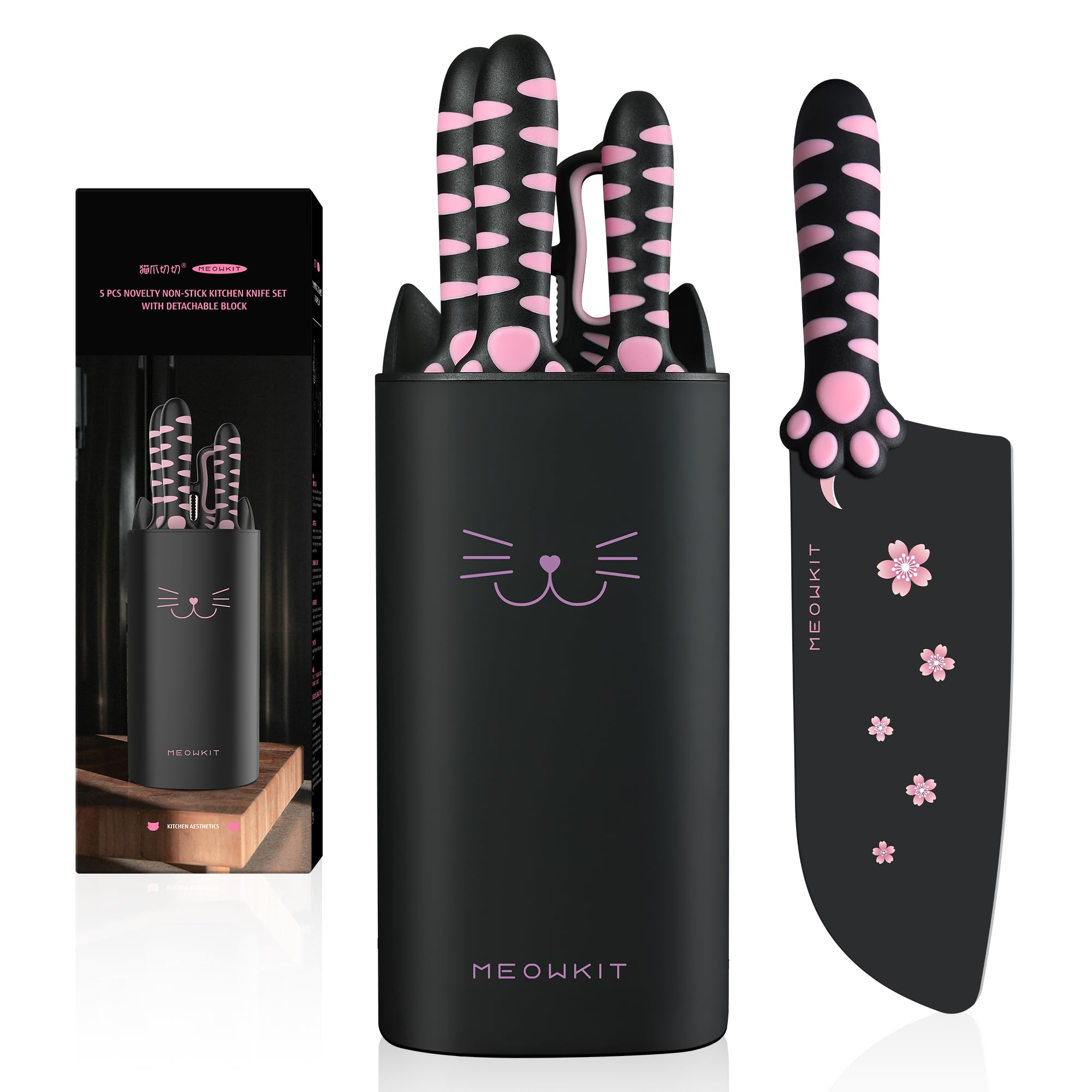 Bloc de Couteaux de Cuisine 5 Pièces, Set de Couteaux Professionnels en Acier Inox avec Ciseaux, Design Patte de Chat, Noir et Rose, Décoration de Cuisine Moderne