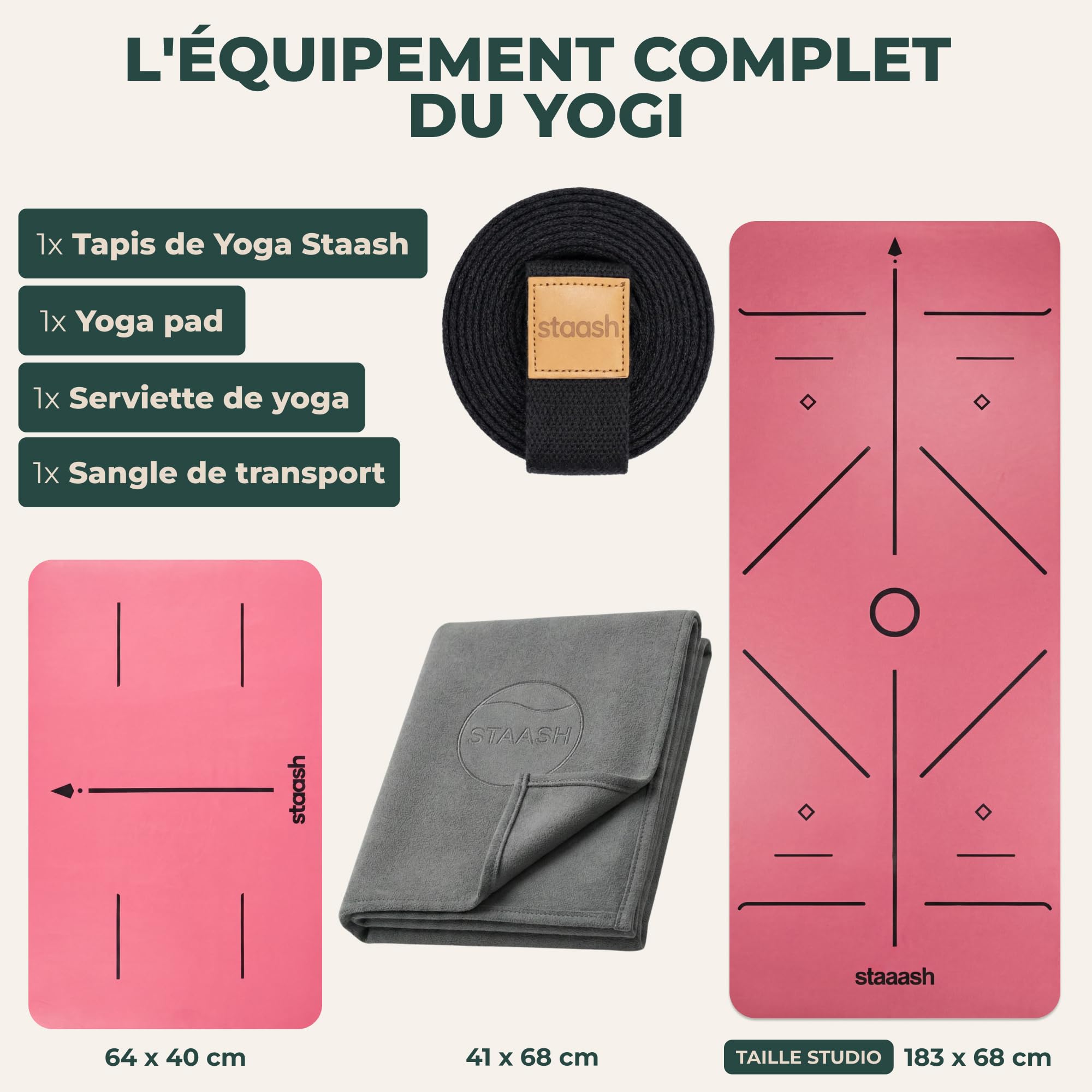 STAASH Kit Tapis de Yoga Antidérapant – Serviette, Sangle & Support Genoux | Kit complet : tapis + serviette microfibre + sangle de transport + support genoux · caoutchouc naturel antidérapant 4,5 mm