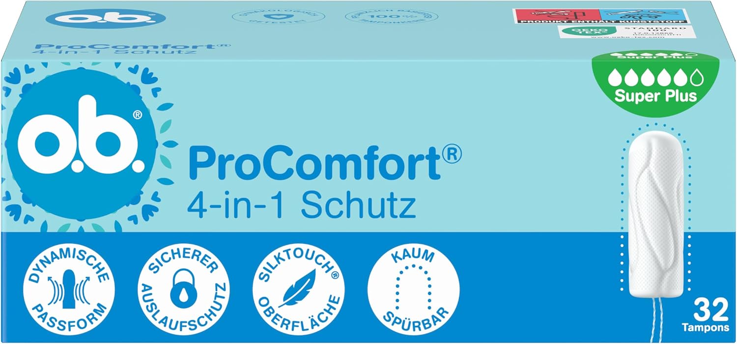 o.b. ProComfort Super Plus 4-in-1 Protection tampons (1 x 32 Pieces) with Extra Soft tip for Easy Insertion and up to 100% Leakage Protection, Ideal for Sports and Everyday use