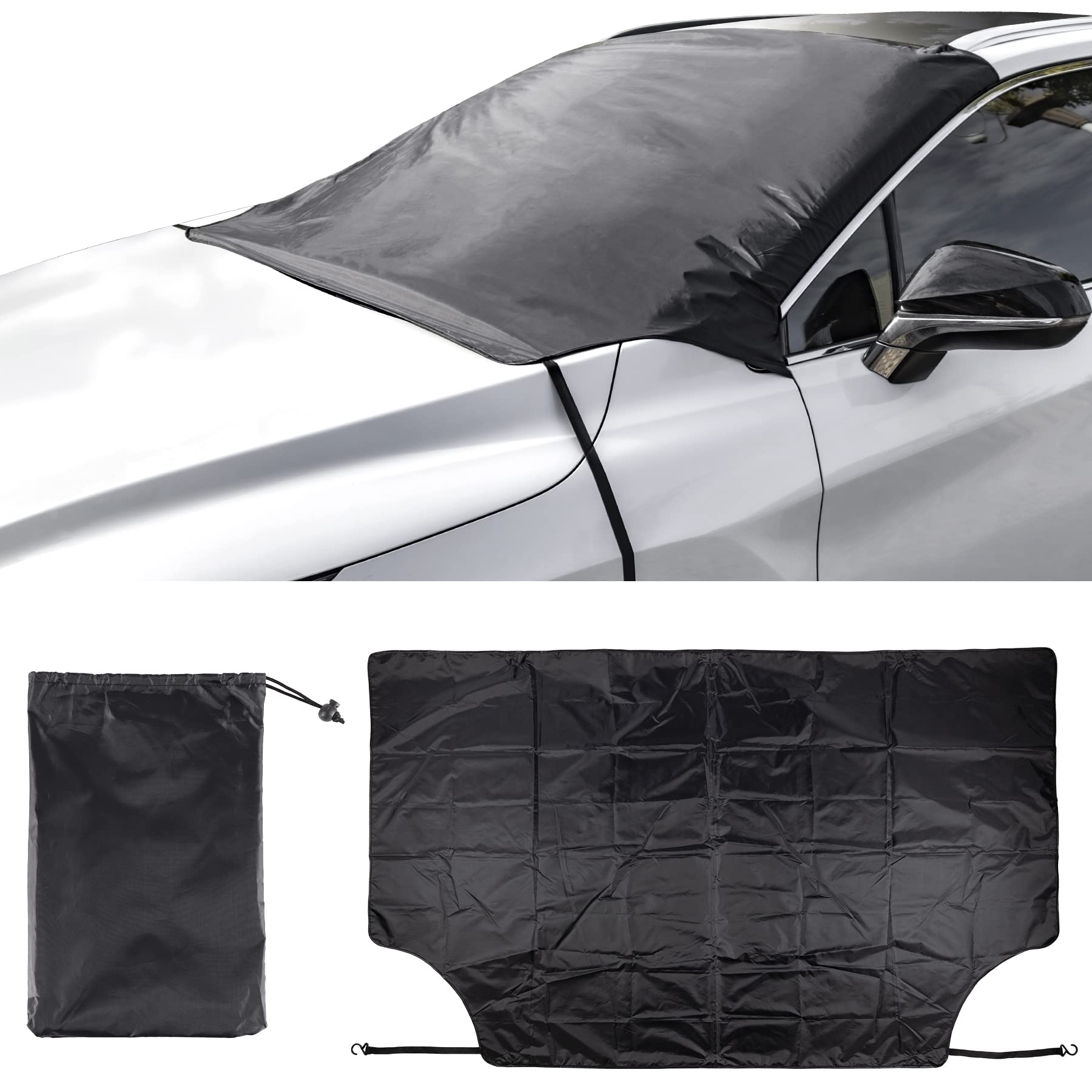 UYYEWindshield Snow Cover with Magnetic Suction, Belt Hook, 210T Coated Silver Cloth Reflective Polyester Material, Car Snow Ice Cover