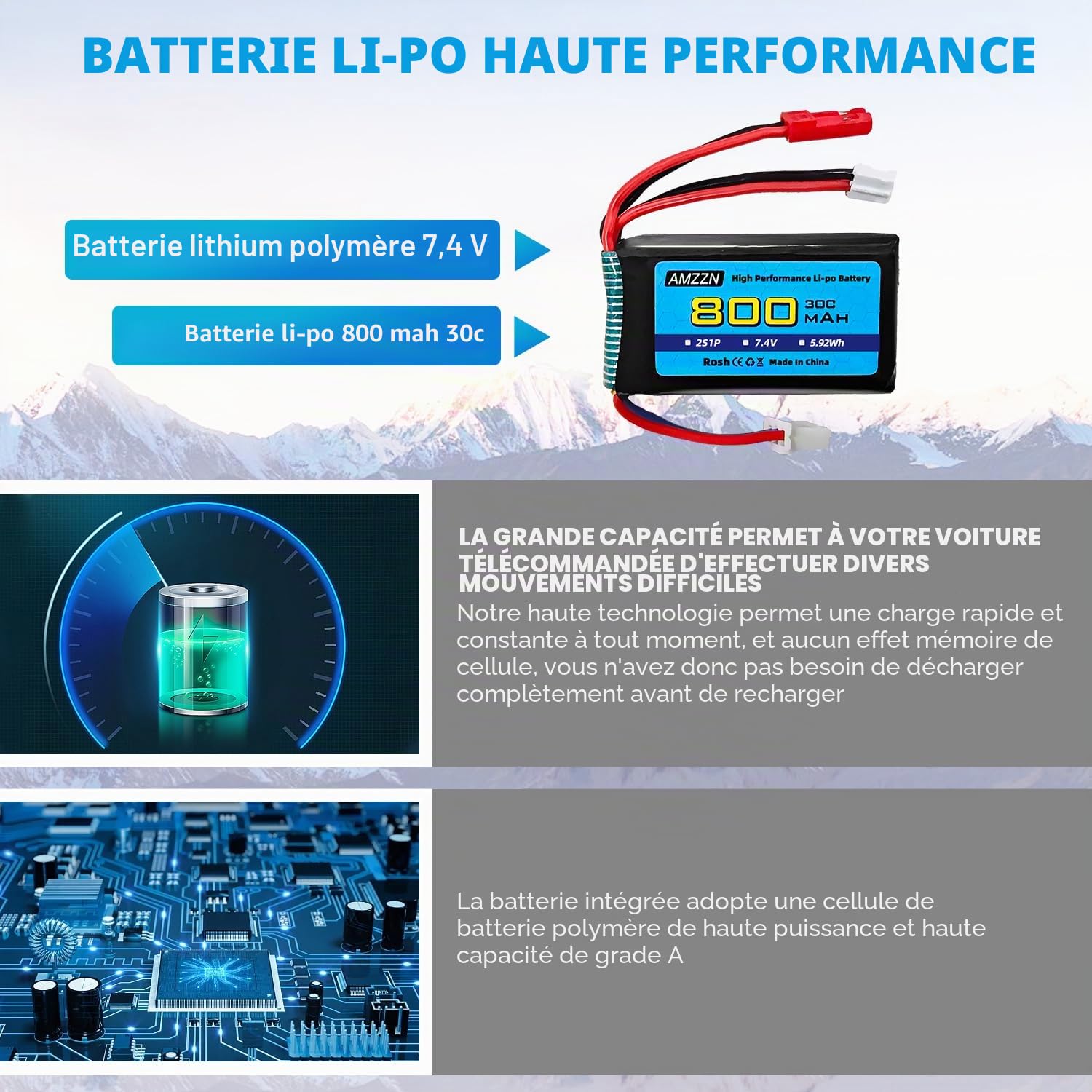 2 pièces 7,4V 2S 30C 800mAh Lipo Batterie JST Prise et Prise PH2.0 avec Chargeur 2 en 1 adapté pour véhicules SCX24 RC, Compatible avec la Plupart des camions RC et Drones télécommandés