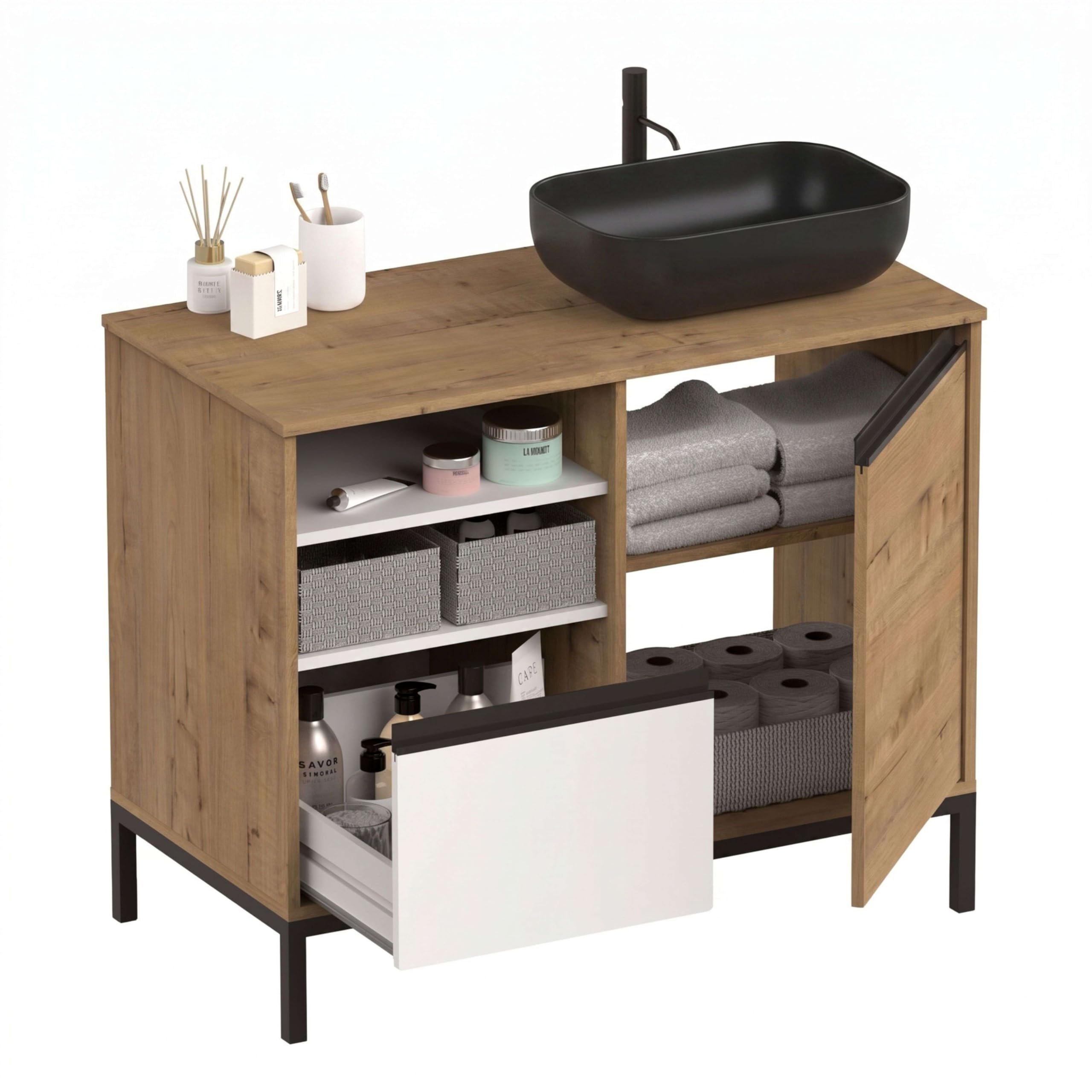 Miroytengo Mueble de Baño 100 cm Támesis con Patas Roble Gold y Blanco Mate (con Lavabo Cerámico)
