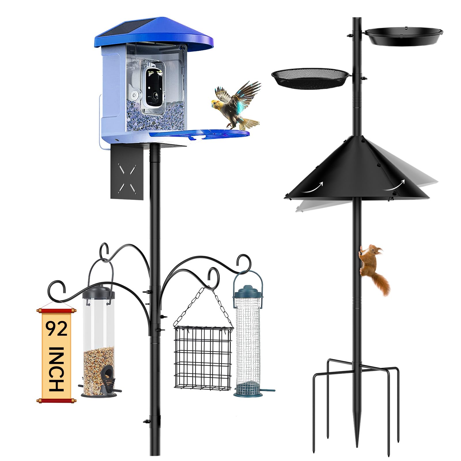 Poste de comedero para pájaros a prueba de ardillas, poste de comedero de pájaros resistente de 92 pulgadas para exteriores, estación de alimentación de pájaros, colgador para pájaros silvestres que