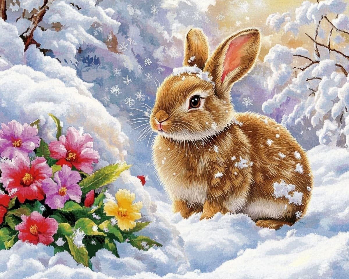 AxiangziK Beginners Stamped Cross Stitch Kits 12x16inch,Rabbits and Flowers in the Snow Range of Embroidery Starter Kits for DIY Printed Cross Stitch Pattern 11CT Needlepoint