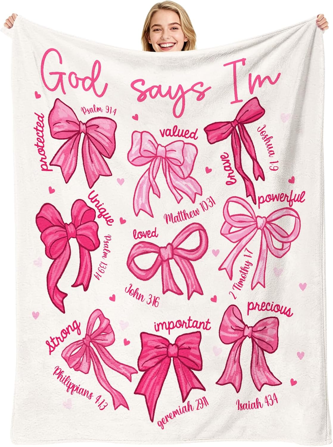 Pink Bow Christian Throw Blanket, Coquettte Bow Flannel Blanket, God Says I Am Bible Verse Religious Gifts for Women Girls Daughter Inspirational Jesus Prayer Home Decor Gift 50 x 60 Inch