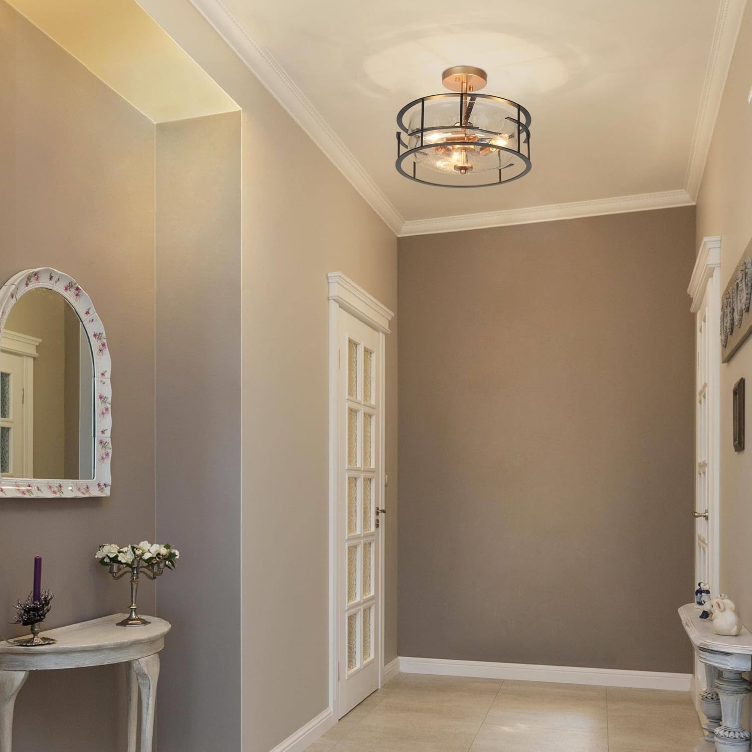 ZEVNI Modern Drum Light Fixture, 3-Light Black Gold Semi Flush Mount Ceiling Light with Seeded Glass Shade for Bedroom, Hallway, Foyer, Kitchen, Dining Room, 14" Dia