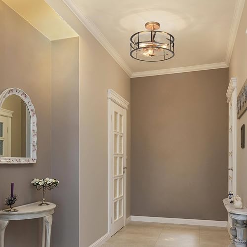 Miniatura 3 de ZEVNI Moderna lámpara de tambor, lámpara de techo semiempotrada de 3 luces de montaje negro dorado con pantalla de vidrio sembrado para dormitorio,