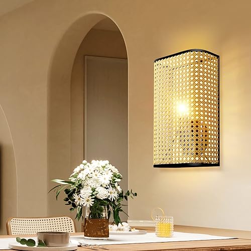 Arturesthome Lámparas de pared rústicas de 1 luz, luces retro bohemias, pantalla tejida de ratán para mesita de noche, lectura, sala de estar,