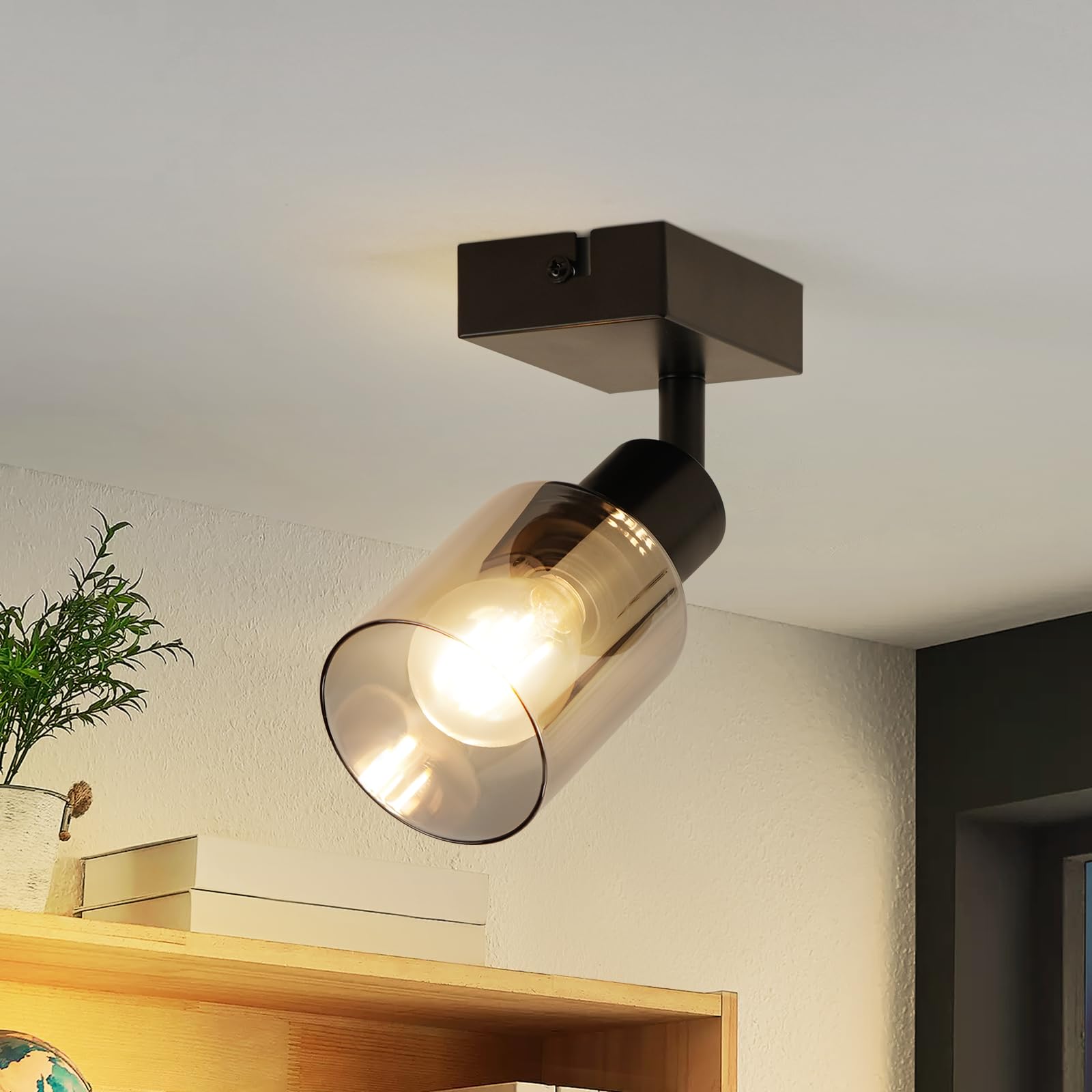 Kowanie Deckenstrahler Vintage 1 flammig: retro Deckenleuchte Schwarz Industrial Deckenlampe E14 Deckenspots Flur aus Glas Schwenkbar 350° Wandstrahler für Küche Wohnzimmer - Ohne Leuchtmittel