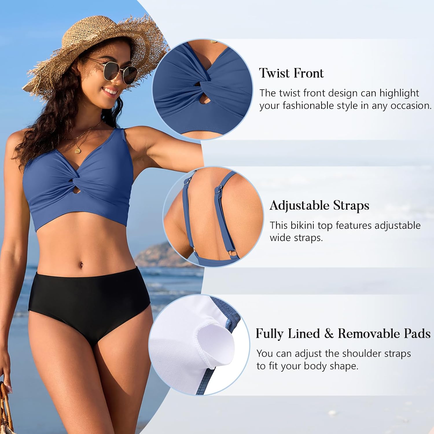 Bikini Tops for Women Padded V Neck Swimsuit Tops Knot Twist Hollow Cut Adjustable Tank Bathing Suits - Image 4