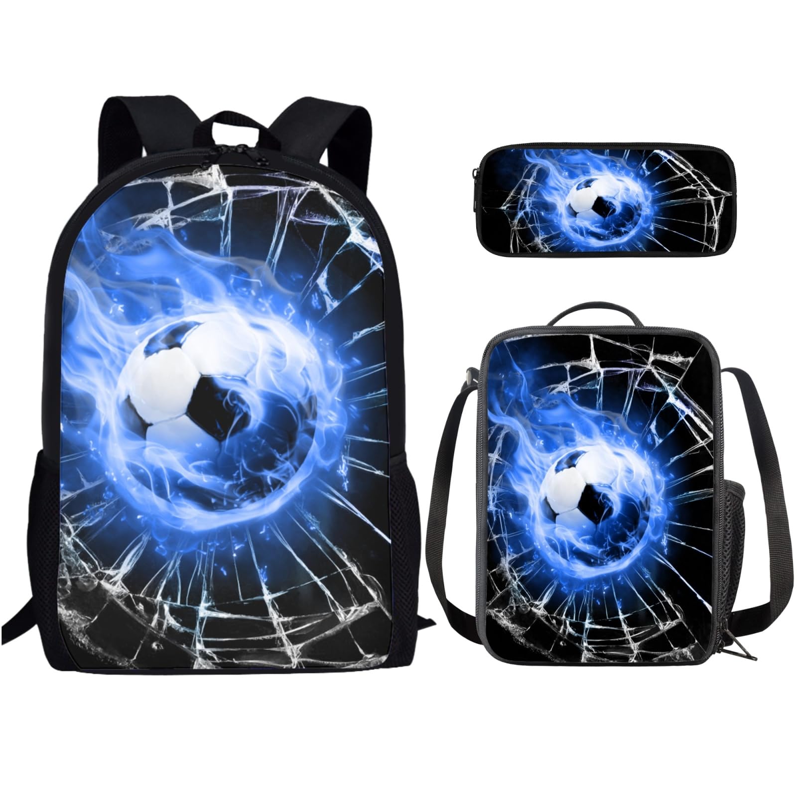Zaino 3 in 1 per ragazzi con motivo calcio 3D Fire Soccer con borsa termica per il pranzo e custodia portapenne, set grande e leggero, zaino casual per bambini