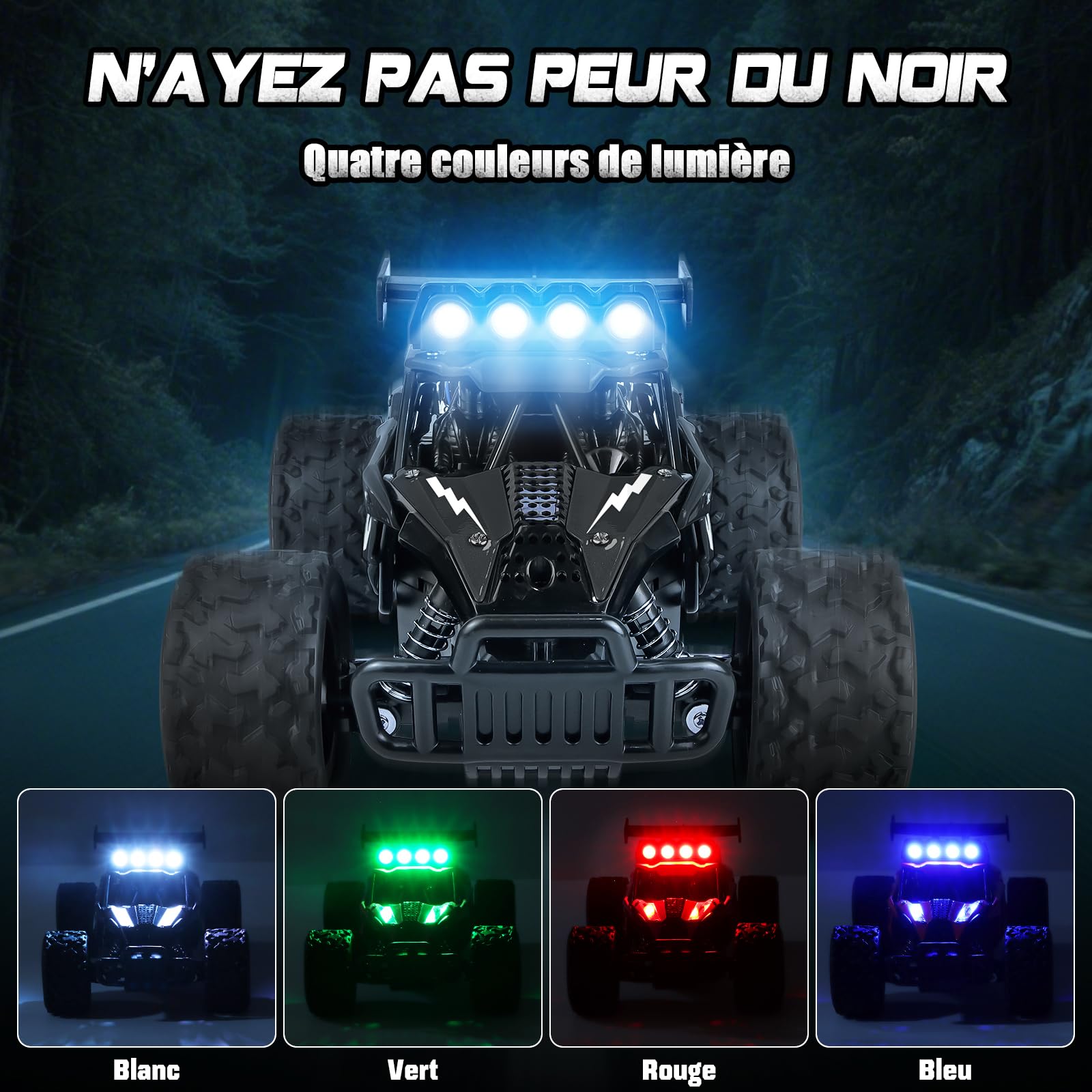 Joellfuner Voiture Ttélécommandée Tout Terrain, 1:16 2.4GHz Voiture Rc avec Lumière LED Quadrichromique, 2WD 20KM/H Buggy RC avec Vitesses Hautes et Basses, Cadeau pour Enfants Plus de 3 Ans (Noir)