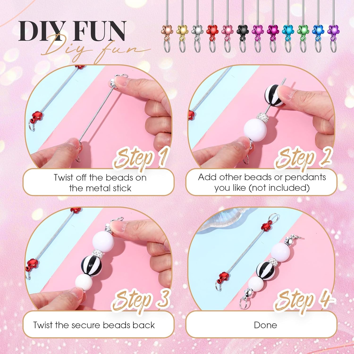 Tondiamo 24 Pcs Beadable Keychain Bars Bulk Blank DIY Metal Beaded Keychain Detachable Key Chain Accessories for Craft - Image 5