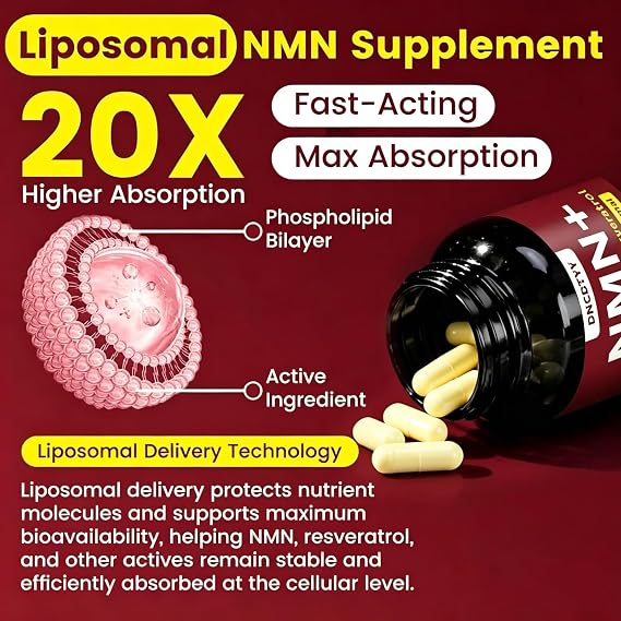 Liposomal NMN Supplement 1800mg Per Serving, 5-in-1 NMN NAD Supplement | with NAD, Quercetin, TMG, Resveratrol Supports Energy & NAD Level, Non-GMO, Vegan, Third-Party Tested, 120 Veggie Capsules