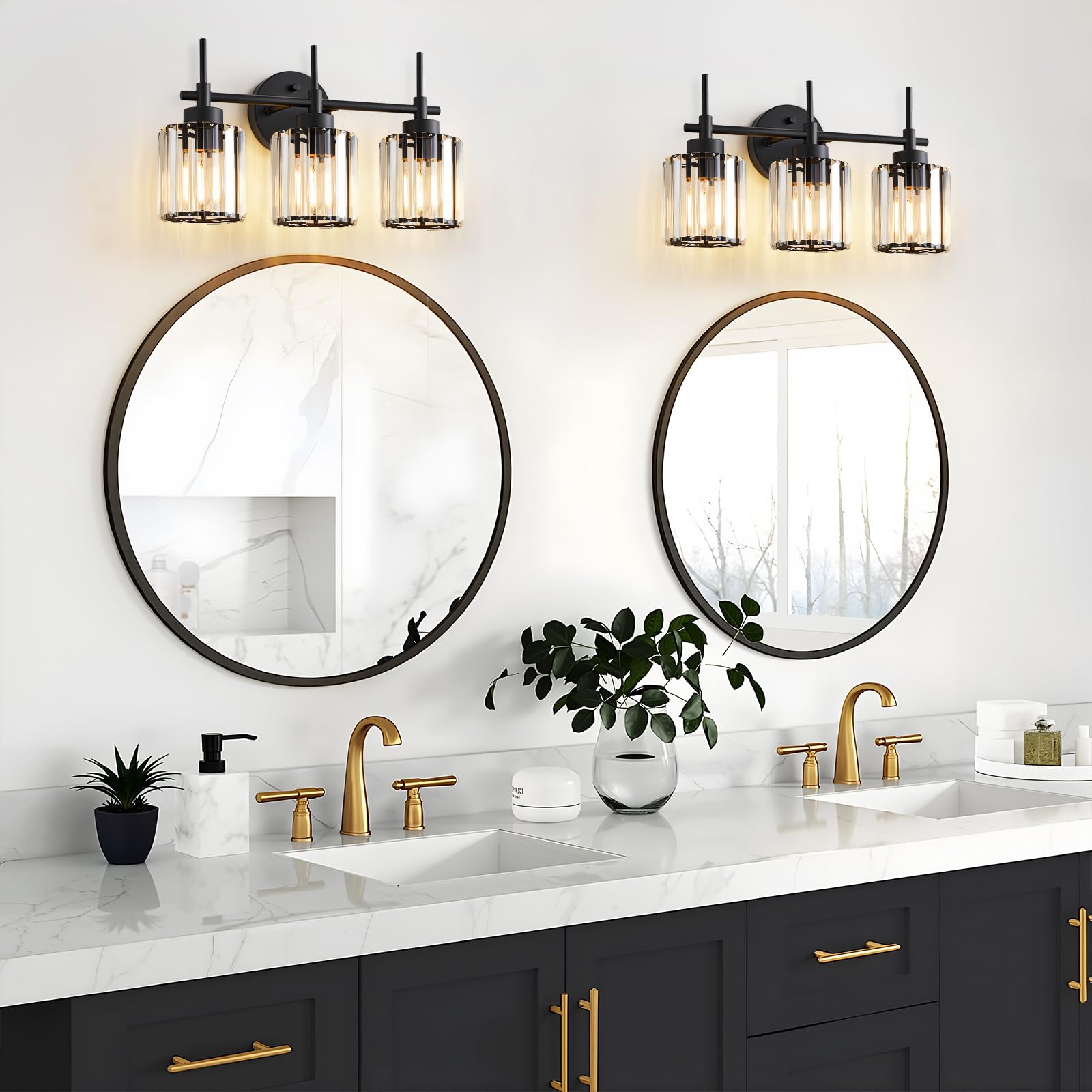 3-flammige Kristall-Kosmetikleuchte, Badezimmerbeleuchtung über Spiegel, schwarze Glaswandleuchte, moderne Badezimmerwandbeleuchtung für Schlafzimmer, Wohnzimmer