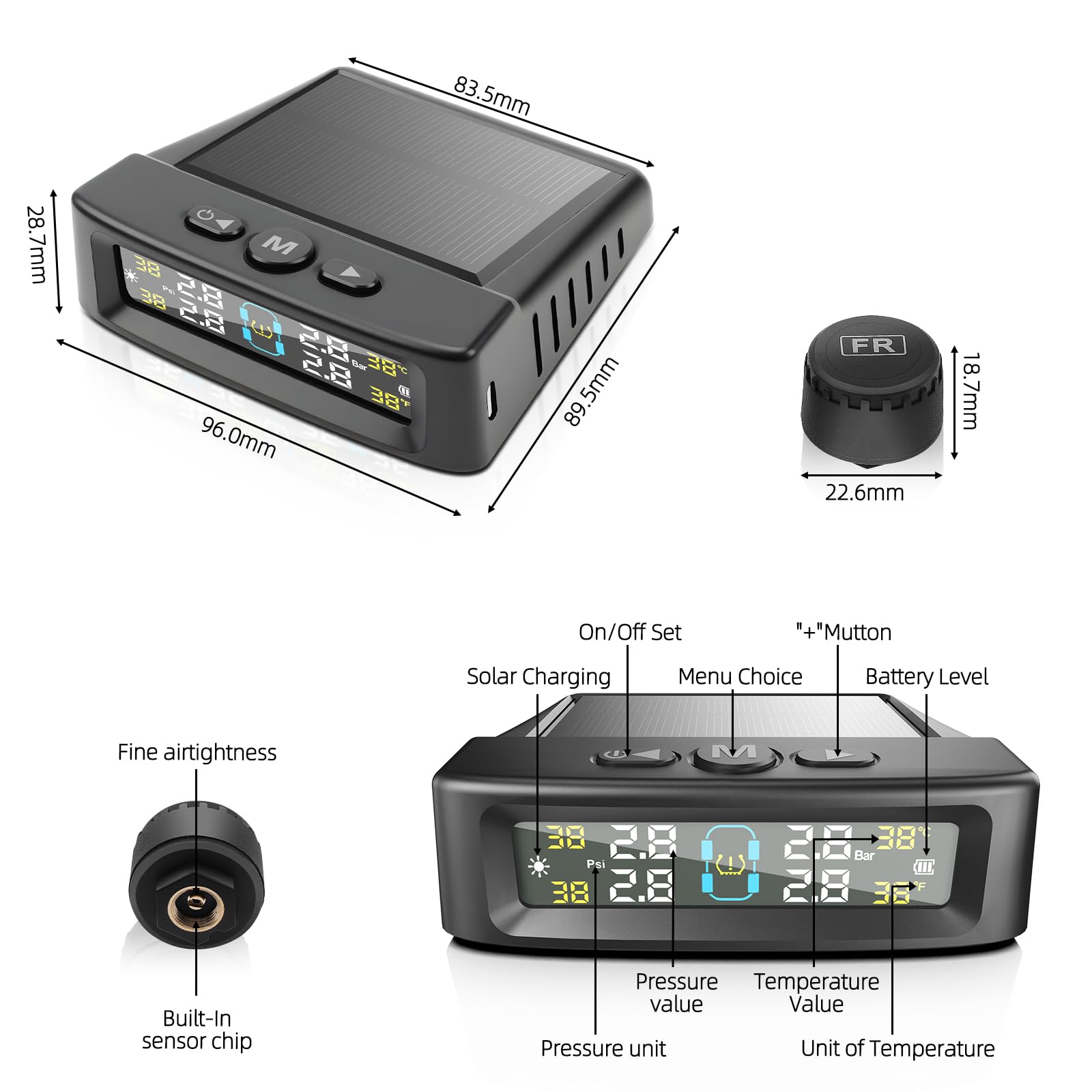 0-5bar Sistema di Sensori di Monitoraggio della Pressione degli Pneumatici TPMS Monitoraggio Solare Senza Fili con 4 Gomme Sensori Esterni 4 Modalità di Allarme per Auto SUV Camper