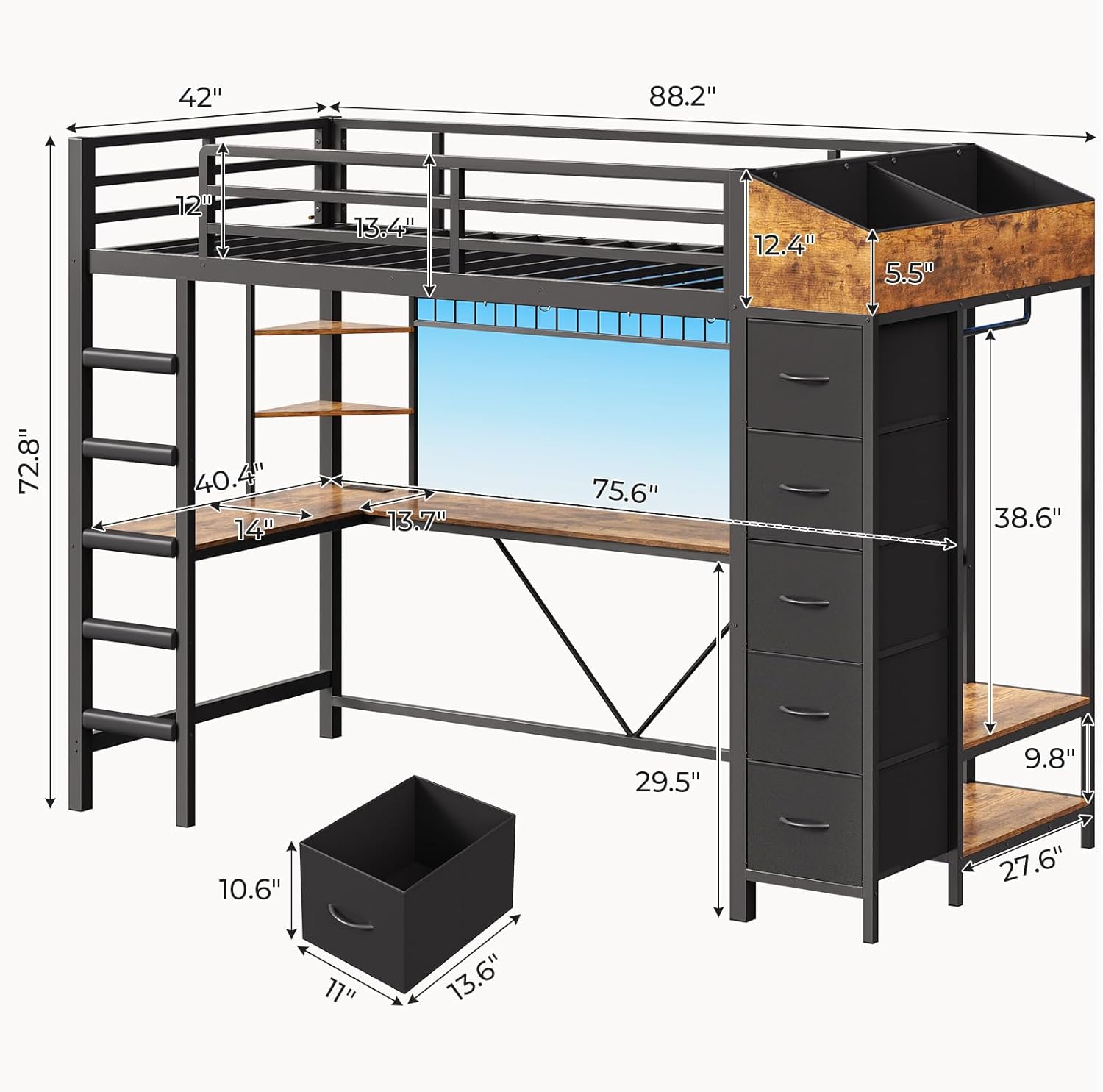 Twin Loft Bed with L-Shaped Desk, LED Lights, Charging Station, Metal Loft Bed Frame with 5 Storage Drawers, Hall Tree, Twin Size Bed for Kids with Ladder and Safety Guard, No Box Spring Needed, Black