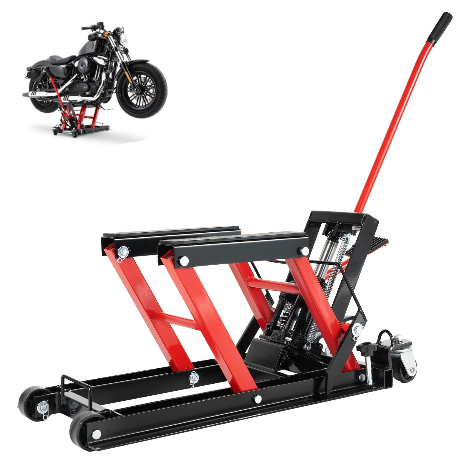 Ponte sollevatore per moto, 680 kg, idraulico con ruote, facile da usare, pieghevole, piattaforma di sollevamento (rosso)