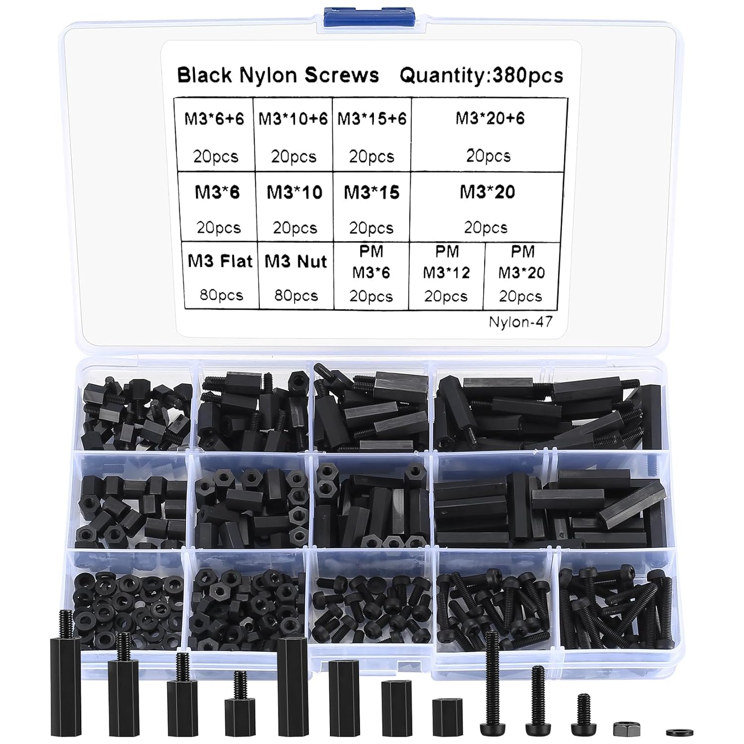 380PCS M3 Black Male Female Nylon Hex Spacer Standoff Screws Nuts Set