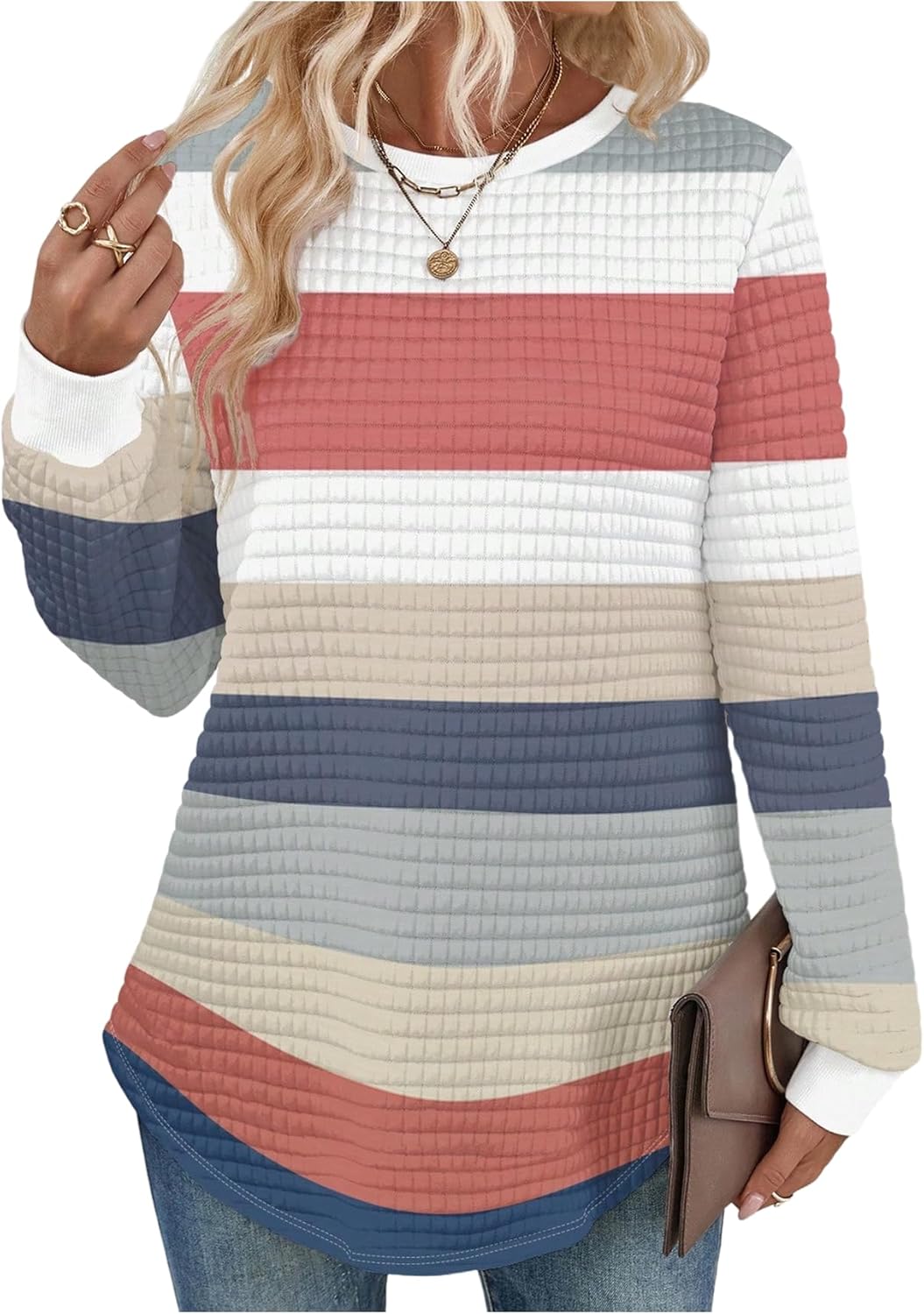 SOLY HUX Women's Color Block Striped Sweatshirt Long Sleeve Crew Neck Waffle Knit Pullover Fall Tops