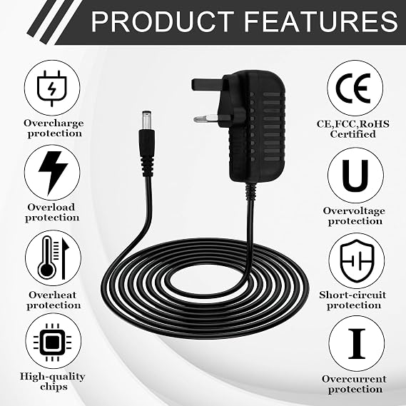 12V 2A Power Supply UK, 2M/6.6FT Cable Charger Adapter 5.5mm x 2.5mm Jack