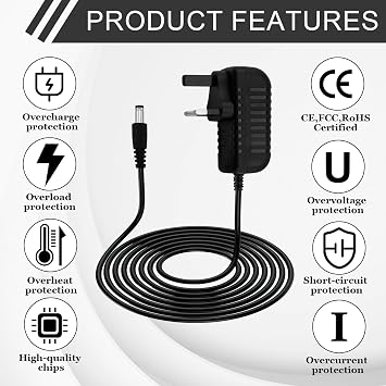 12V 2A Power Supply UK, 2M/6.6FT Cable Charger Adapter 5.5mm x 2.5mm Jack