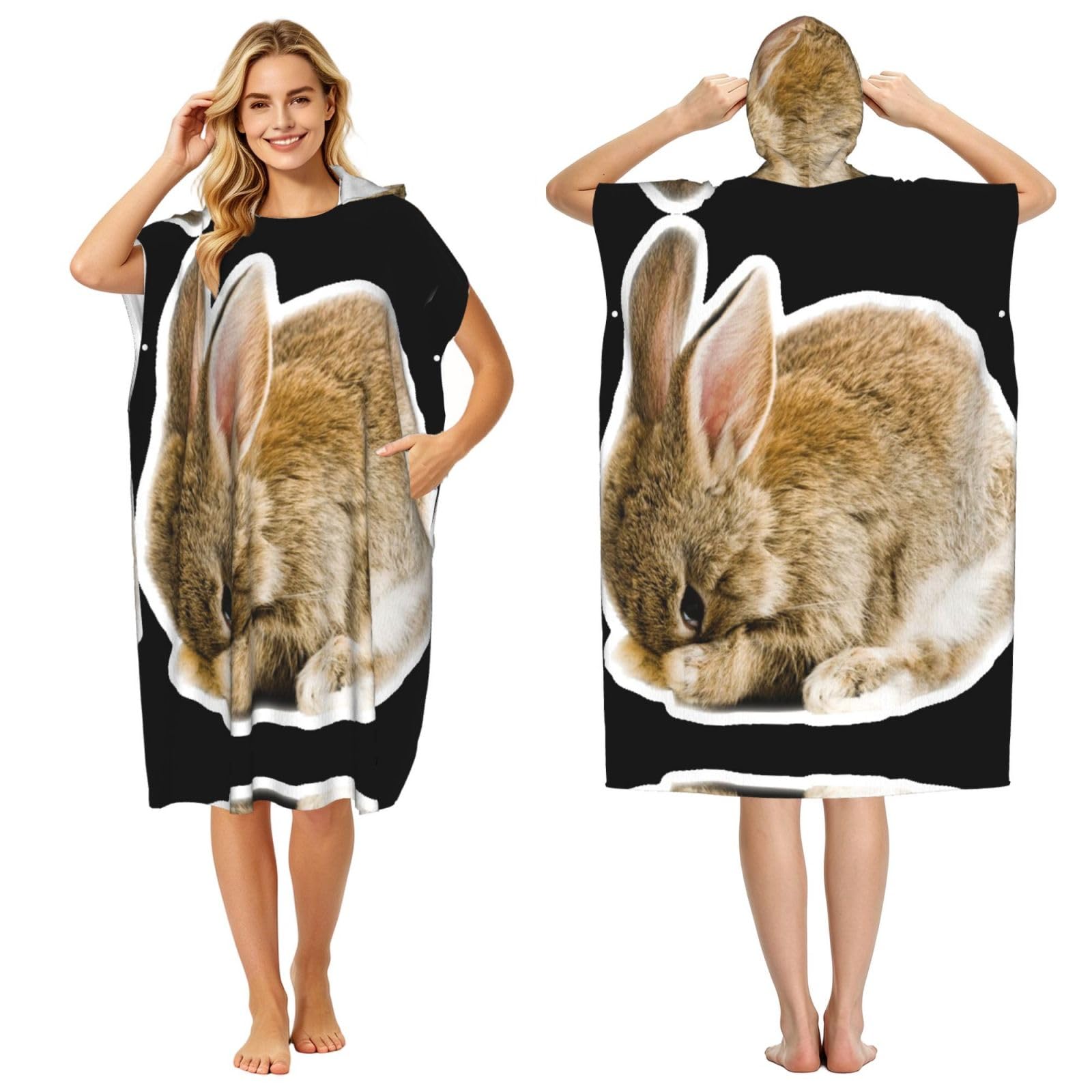 Poncho microfibre léger à imprimé lapin avec capuche absorbante adulte