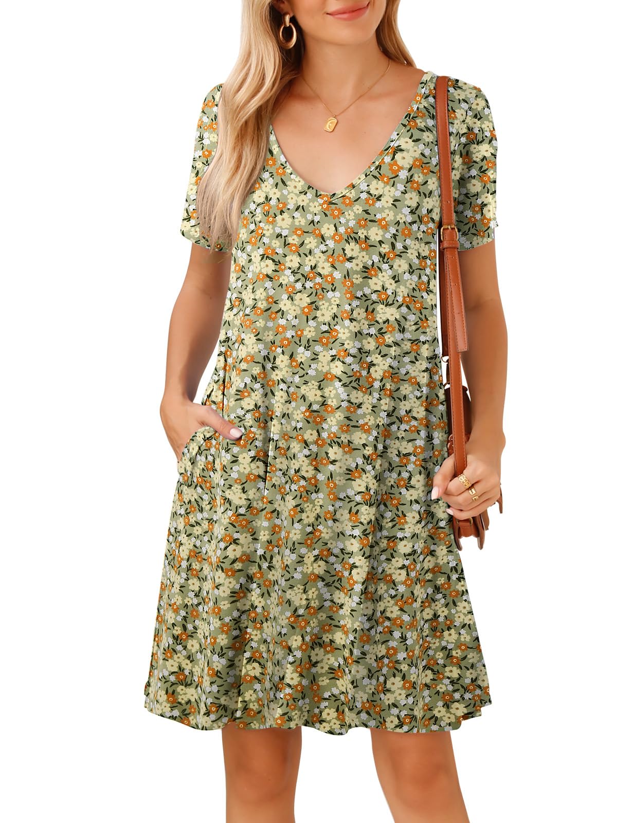 JollieLovin Women T Shirt Plus Size Summer Swing Dresses Short Sleeve V Neck Loose Casual Dress(L-5X)