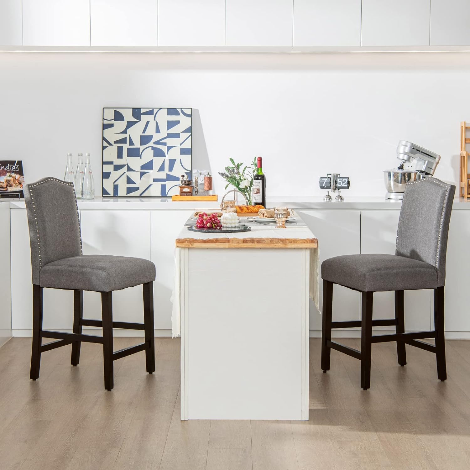 Set of 2 Color Grey COSTWAY Bar Stools Set of 2, Linen Upholstered Counter Height Chairs with Solid Rubber Wood Legs, 25” Kitchen Island Wood Bar Chairs with Nail Heads Decorations, for Kitchen, Bistro, Café (2, Grey)