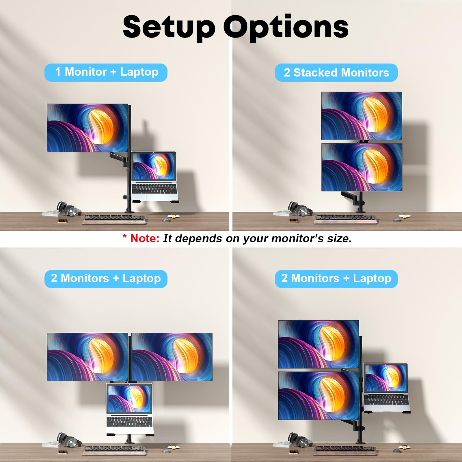 PUTORSEN Monitor Halterung 2 Monitore mit Laptop Arm für 17-32 Zoll Bildschirm bis zu 17“ Notebook, Neigbare Drehbare Monitor Laptop Halterung Schreibtisch mit Klammer, VESA 75x75/100x100mm