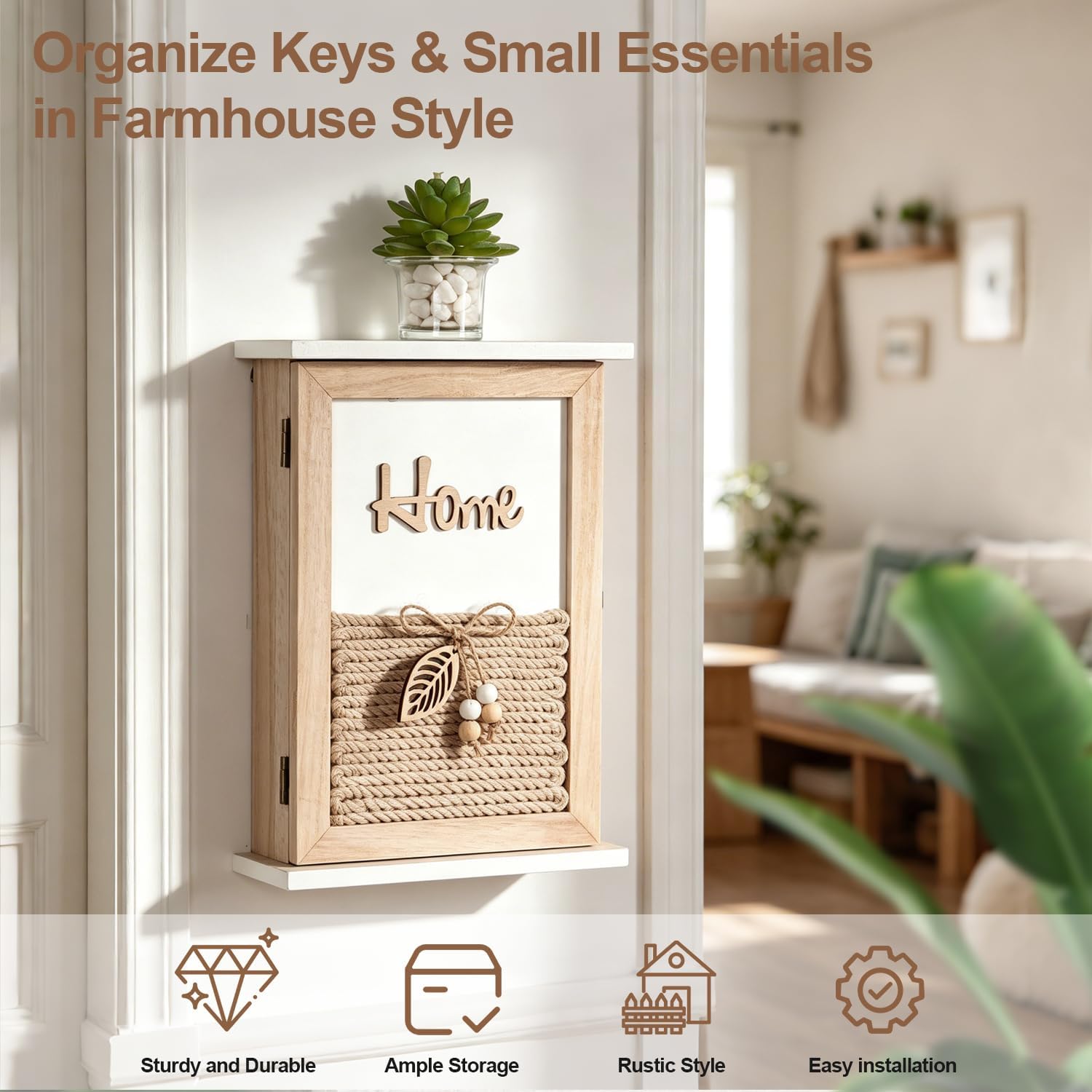 Key Holder for Wall, Rustic Wooden Wall Mount Key Box with 6 Hooks, Farmhouse Key Storage Organizer Key Rack for Entryway Hallway Office, Boho Home Decor