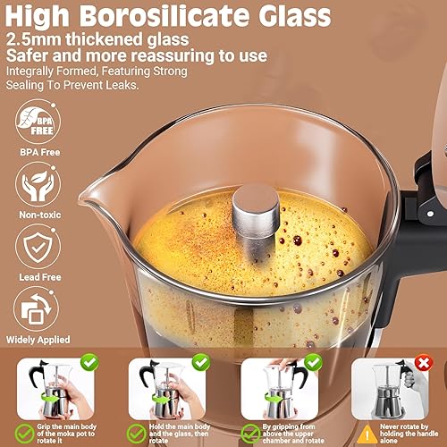 Miniatura 3 de Olla moka de inducción, 9 tazas (15.9 onzas) con tapa de cristal y olla moka de acero inoxidable, cafetera clásica para hacer café expreso, color