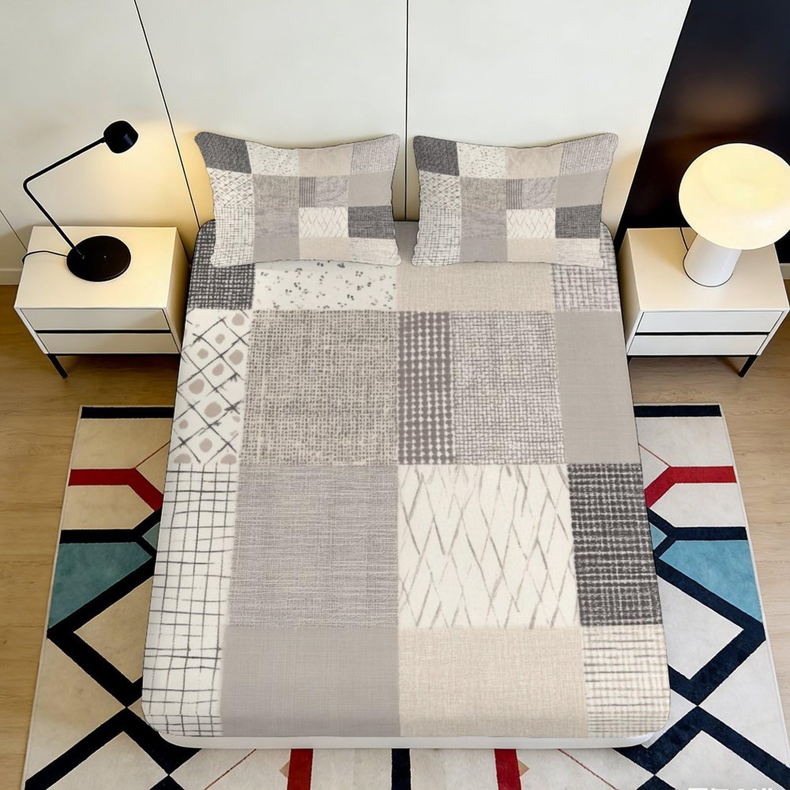 3D Printed Patchwork Geometric Fitted Sheet Microfiber Neutral Beige Grey Bed Cover for Bedroom Guestroom Mattress Protection 90x200x25cm