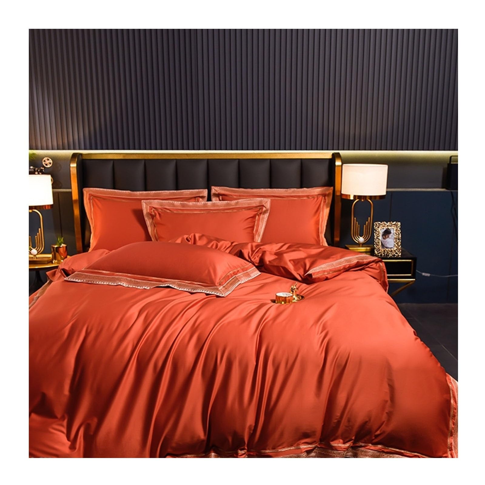 Housse de couette orange lit 1.5m, parure de lit coton égyptien luxueux, ensemble literie 4 pièces