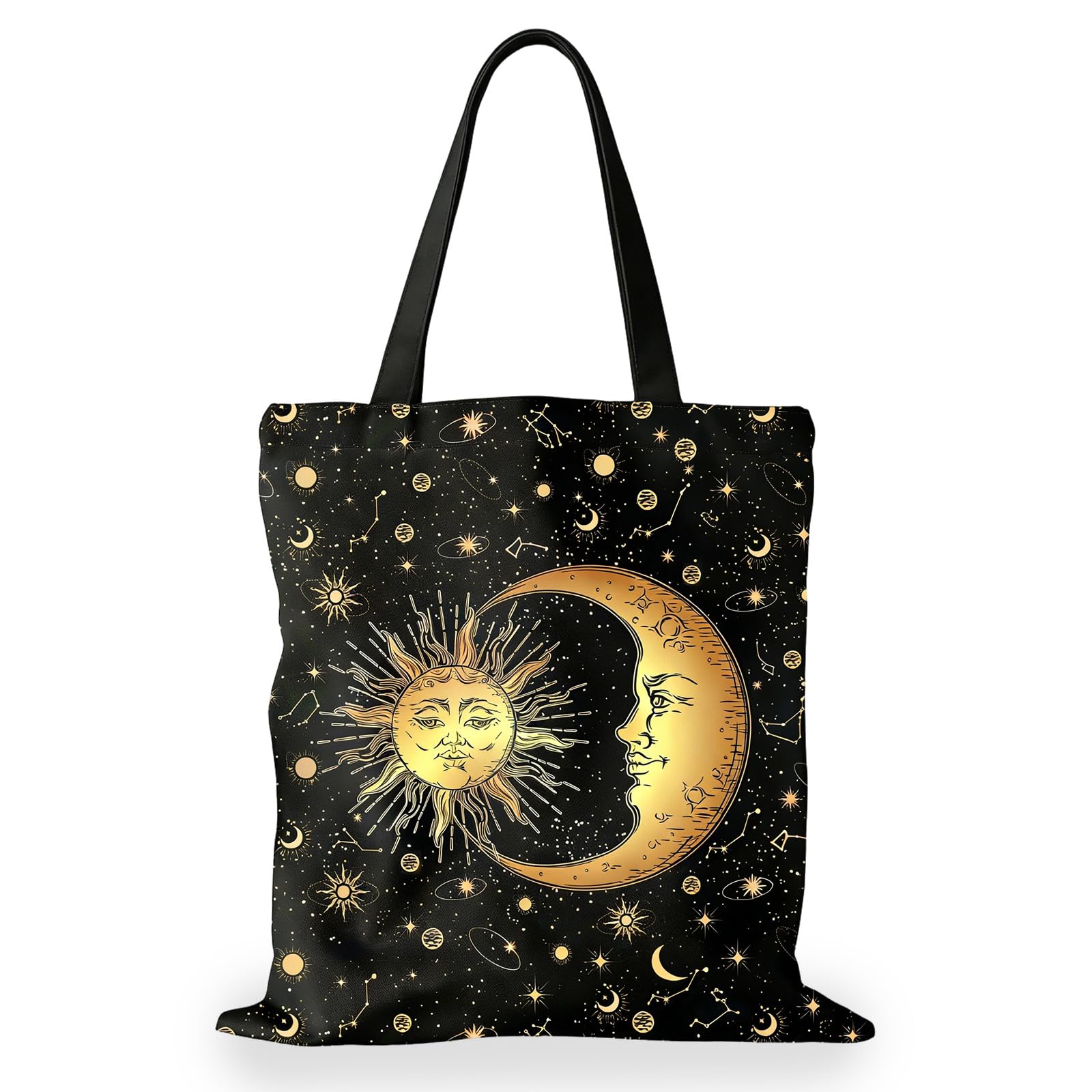 Clyrax Sun and Moon Theme Canvas Tote Bag, Elegant Tote Bags for Women, Lightweight Reusable Shopping Bag for School Work Shopping Travel Daily Use, 34x39cm