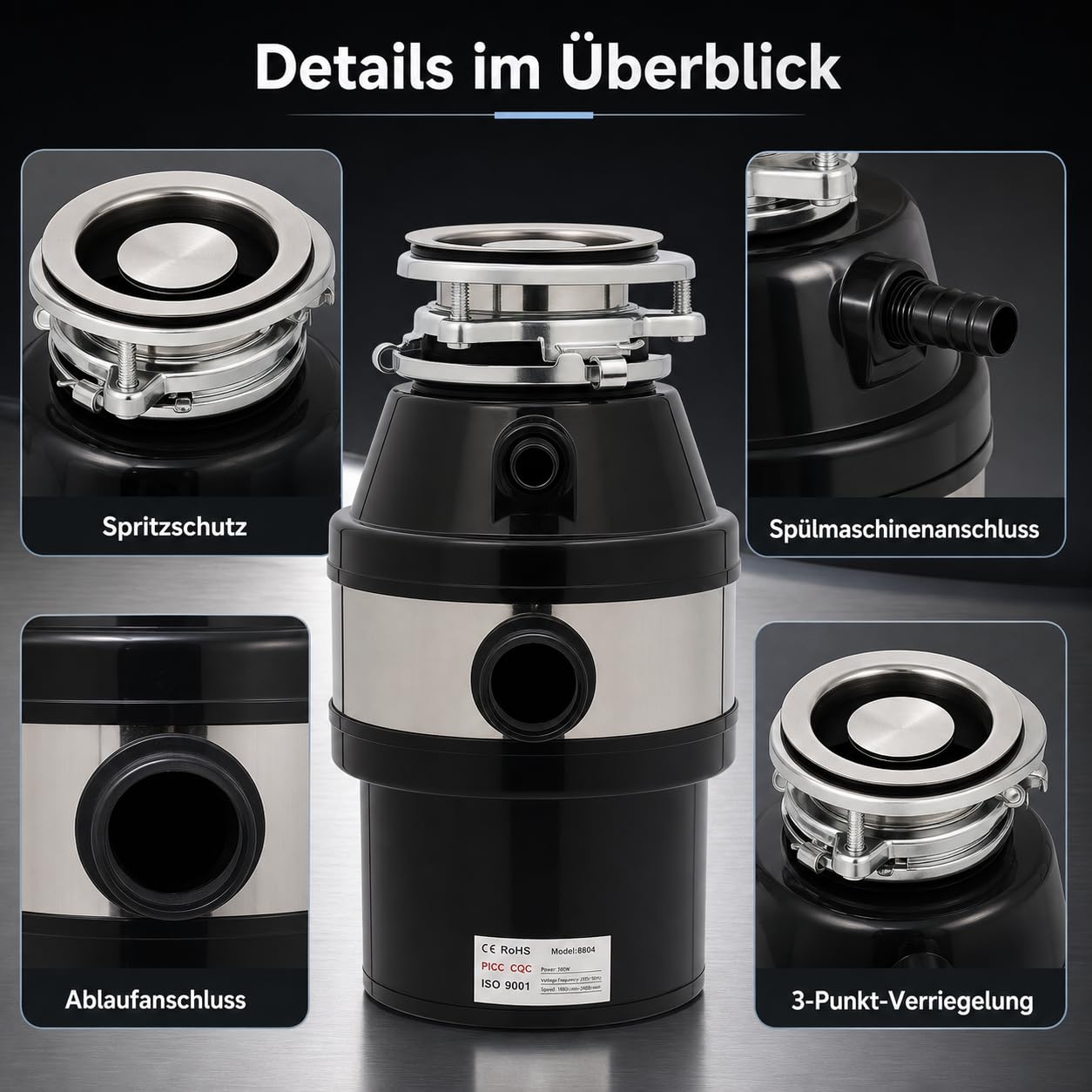 Trituradora de residuos de cocina, 560 W, 0,75 CV, de acero inoxidable, con protección contra sobrecarga y conexión para lavavajillas, cámara de molienda de 1,2 L, velocidad de rotación 1800 – 3400