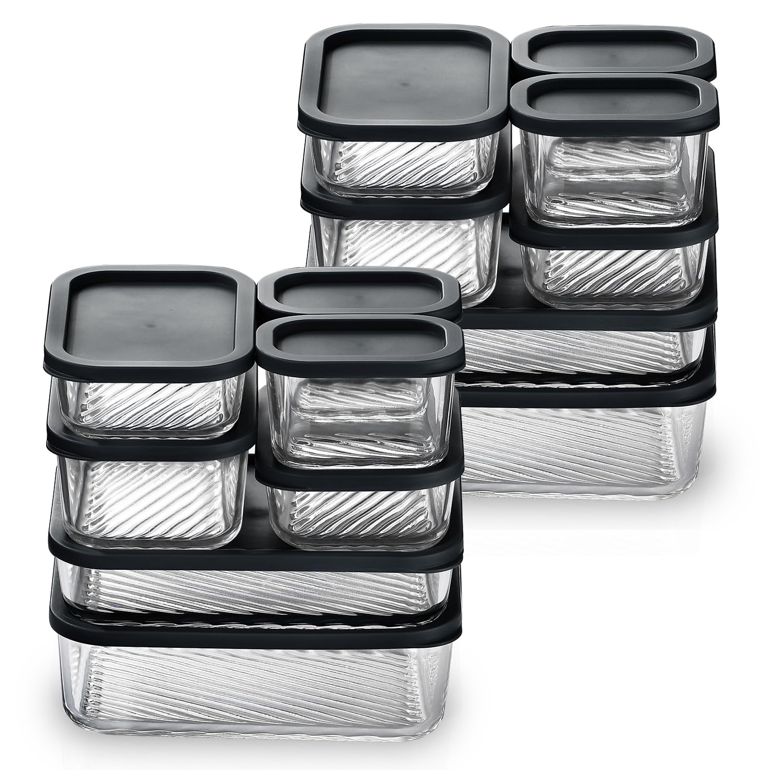 Eatex Black 14 Pack Glass Meal Prep Containers With Grooved Base, 14 Stackable Bpa Free Glass Storage Containers With Lids For Lunch, Pantry, And Kitchen - Microwave, Dishwasher Freezer & Oven Safe