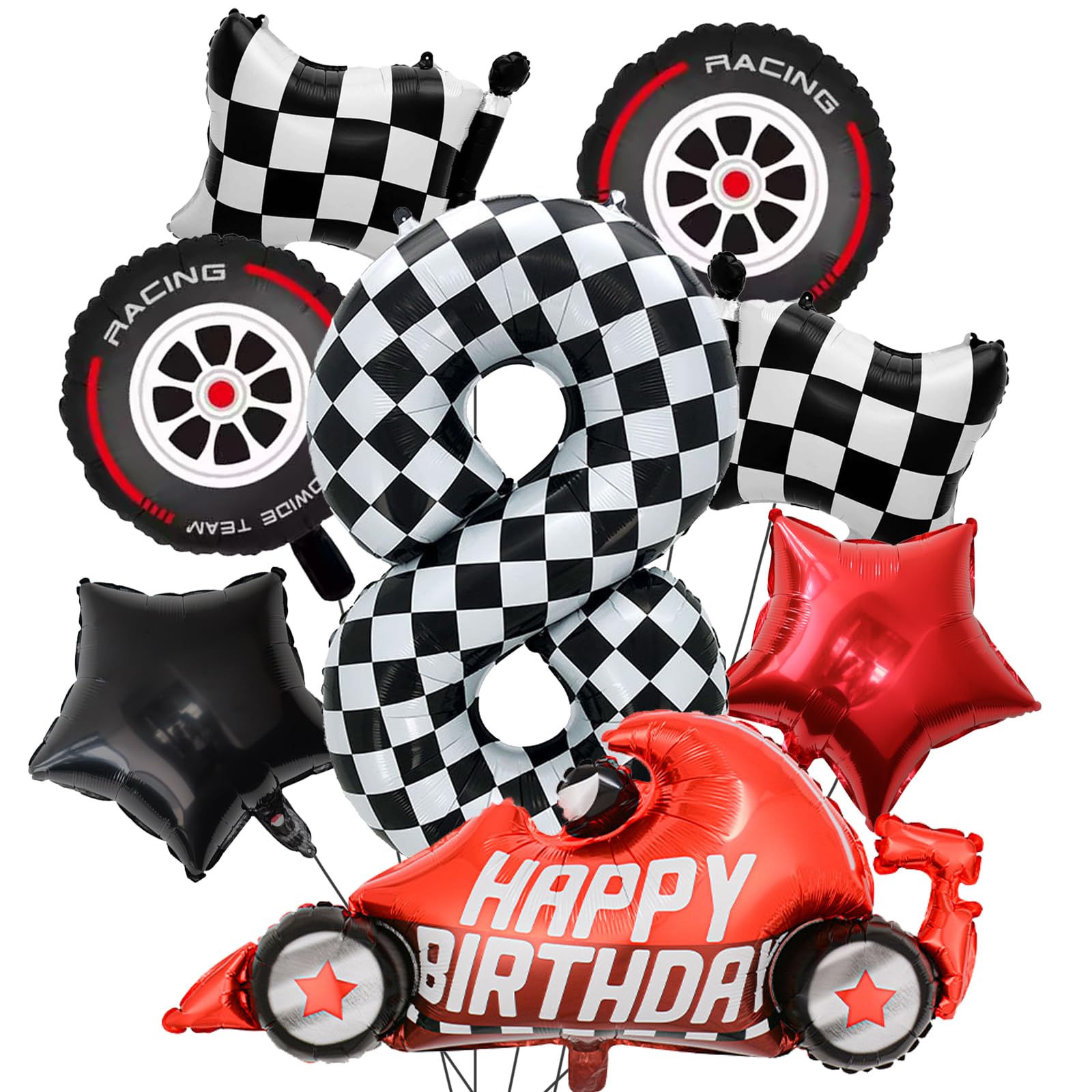 Zlongron 10-piece set of race car birthday party decorations balloons, 40-inch black and white checkered striped number 8 balloons, suitable for