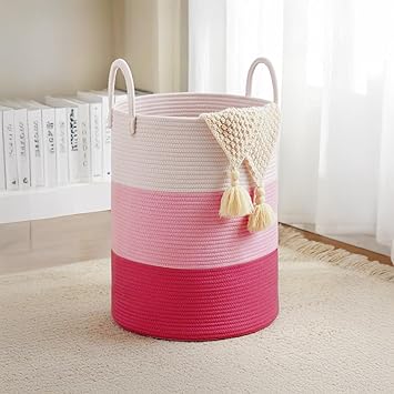 PrettyKrafts 50L Jute Rope Laundry Basket for Clothes | Woven Collapsible Toy Storage Basket | Cloth Basket for Living Room, Bedroom (16x16x18 inch, Pink)