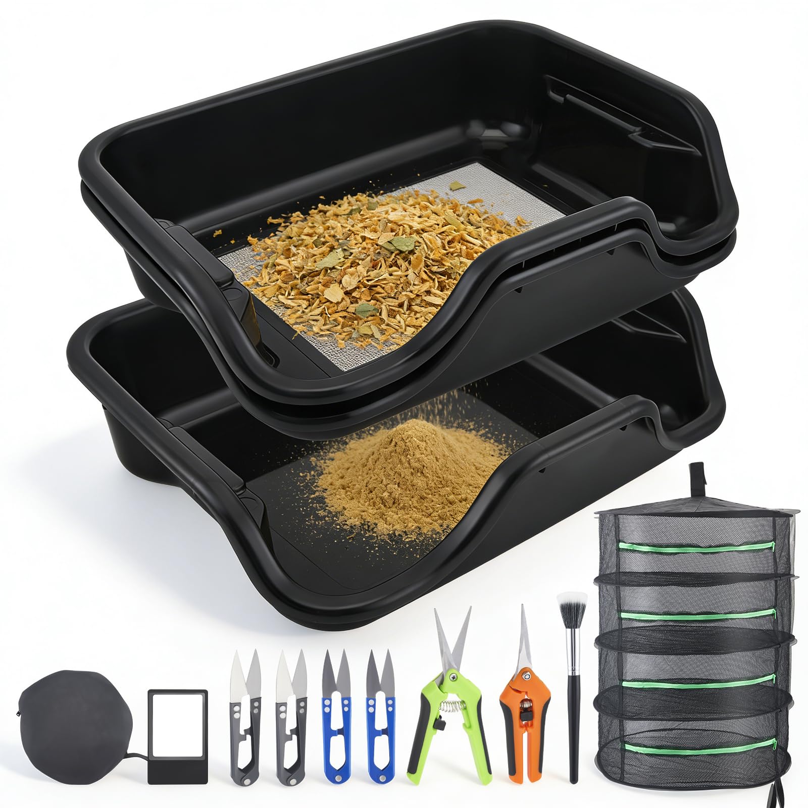 Trim Bin Set,mit 150 Micron Pollensieb,Scheren,Lupe & Bürste,Trimming Tray und Dry Sift Sieb,Trimming Tray für Pollen and Herbs