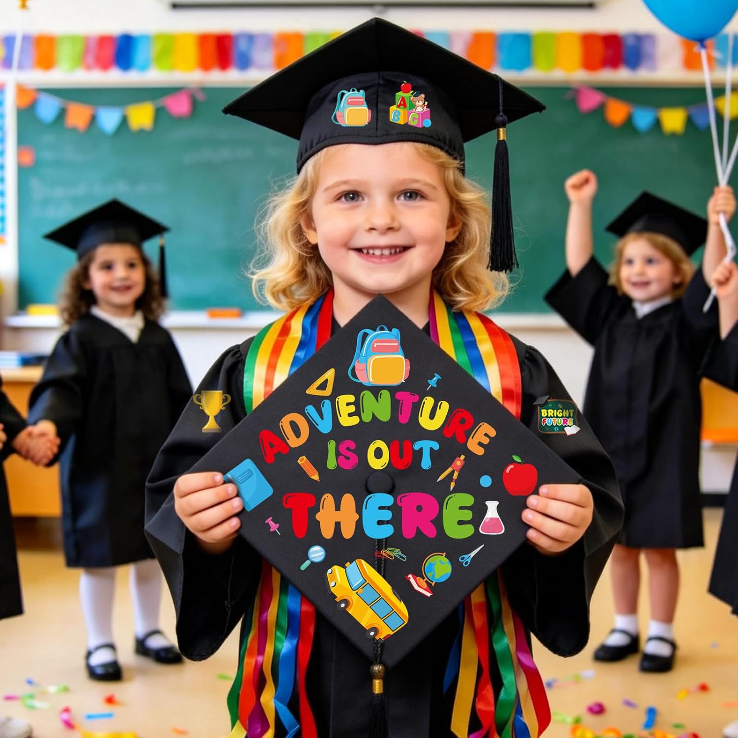 Dazoratix Preschool Graduation Cap Decorations - 12 Sheets Grad Kids Gown Sash 2026 Stickers Iron on Patches DTF Transfers Ready to Press Vinyl Decals DIY Crafts Gift for T Shirts Hat Stole Topper
