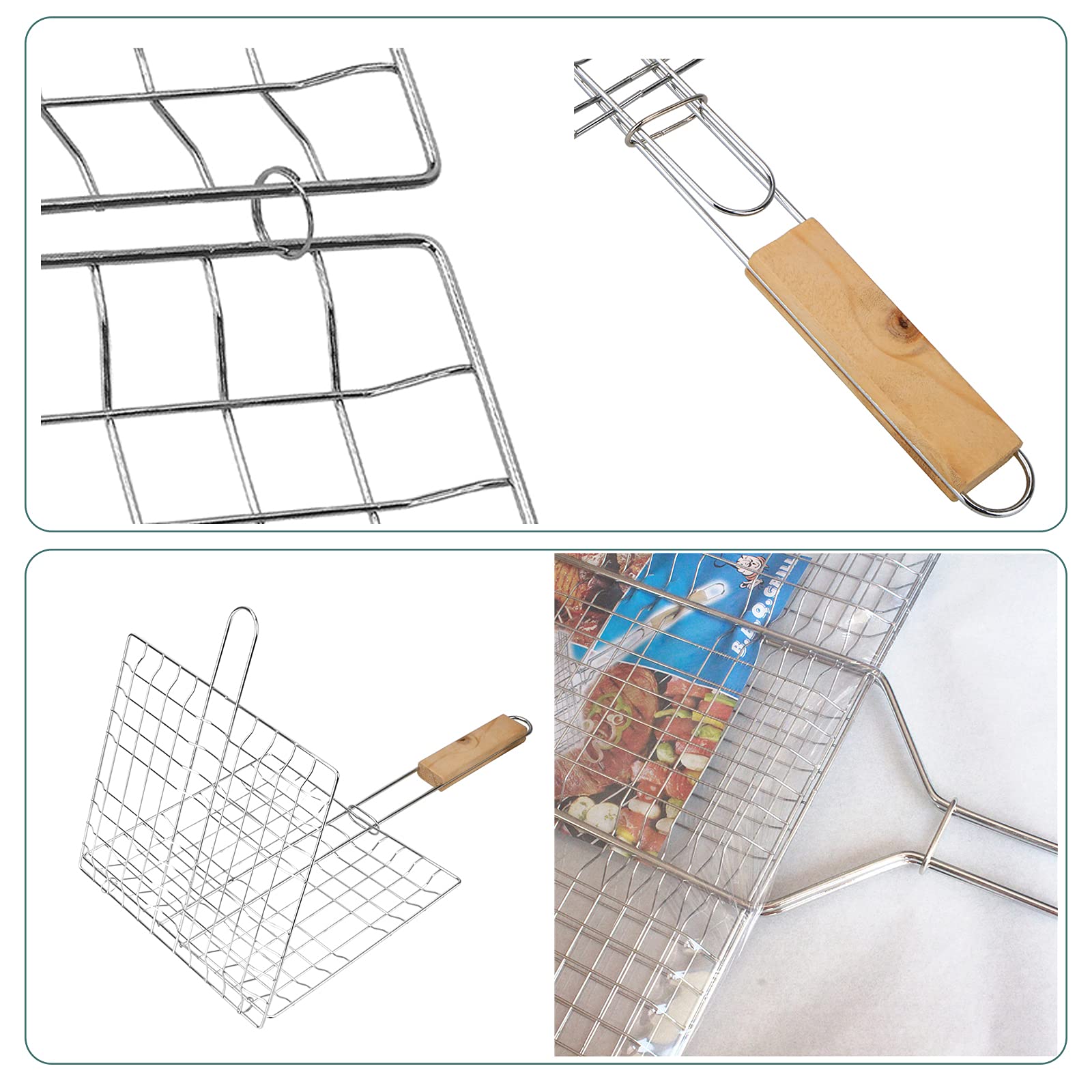 Grille de Barbecue Portable Pliable avec Poignée en Bois pour Poisson 2 Pièces