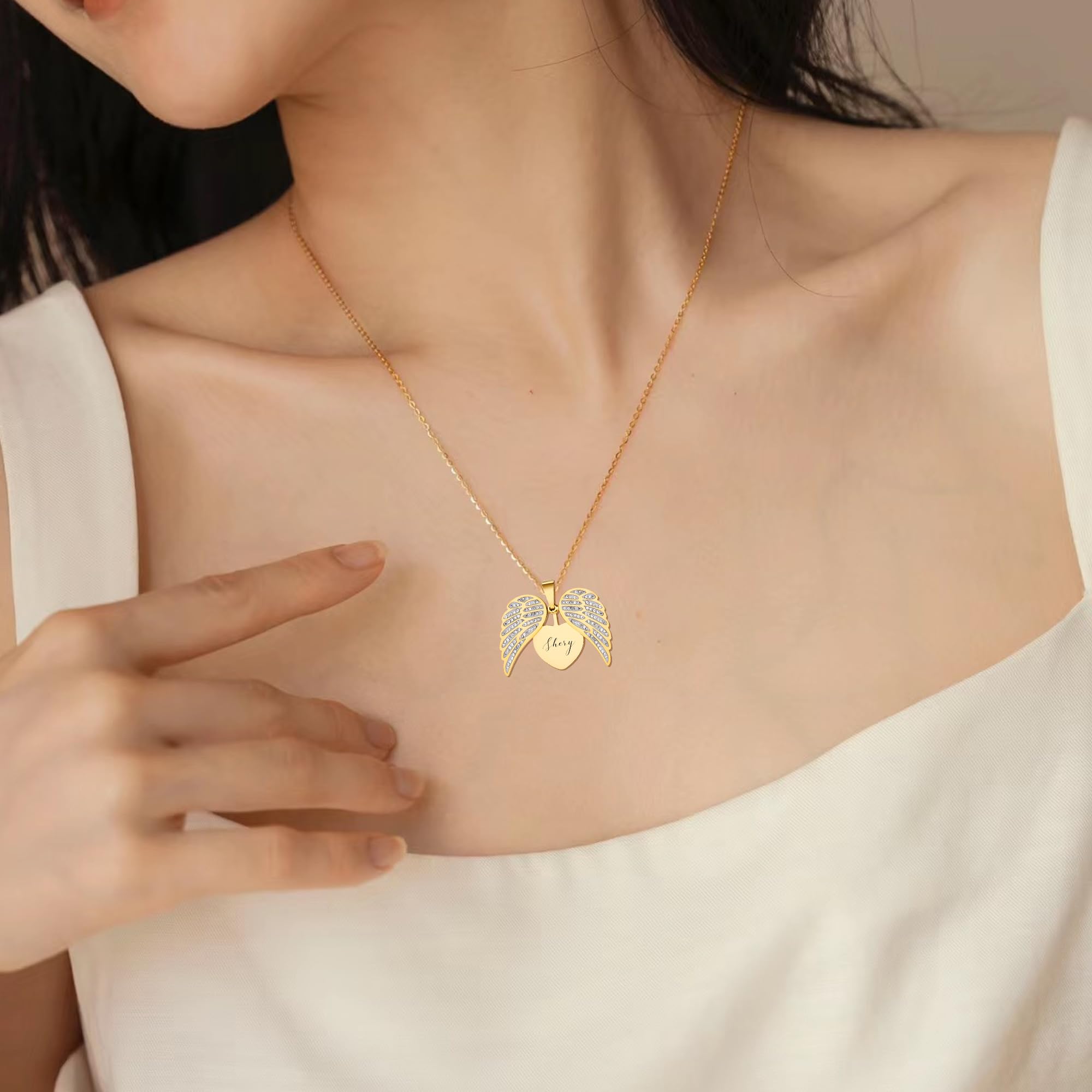 Personalizado alas de ángel collar personalizado grabado nombre collar corazón relicario parejas joyería conmemorativa regalo para mujeres hombres