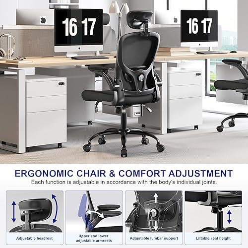 Miniatura 4 de Silla de oficina ergonómica, soporte lumbar ajustable y reposacabezas, silla de escritorio con respaldo alto con brazos abatibles para oficina en