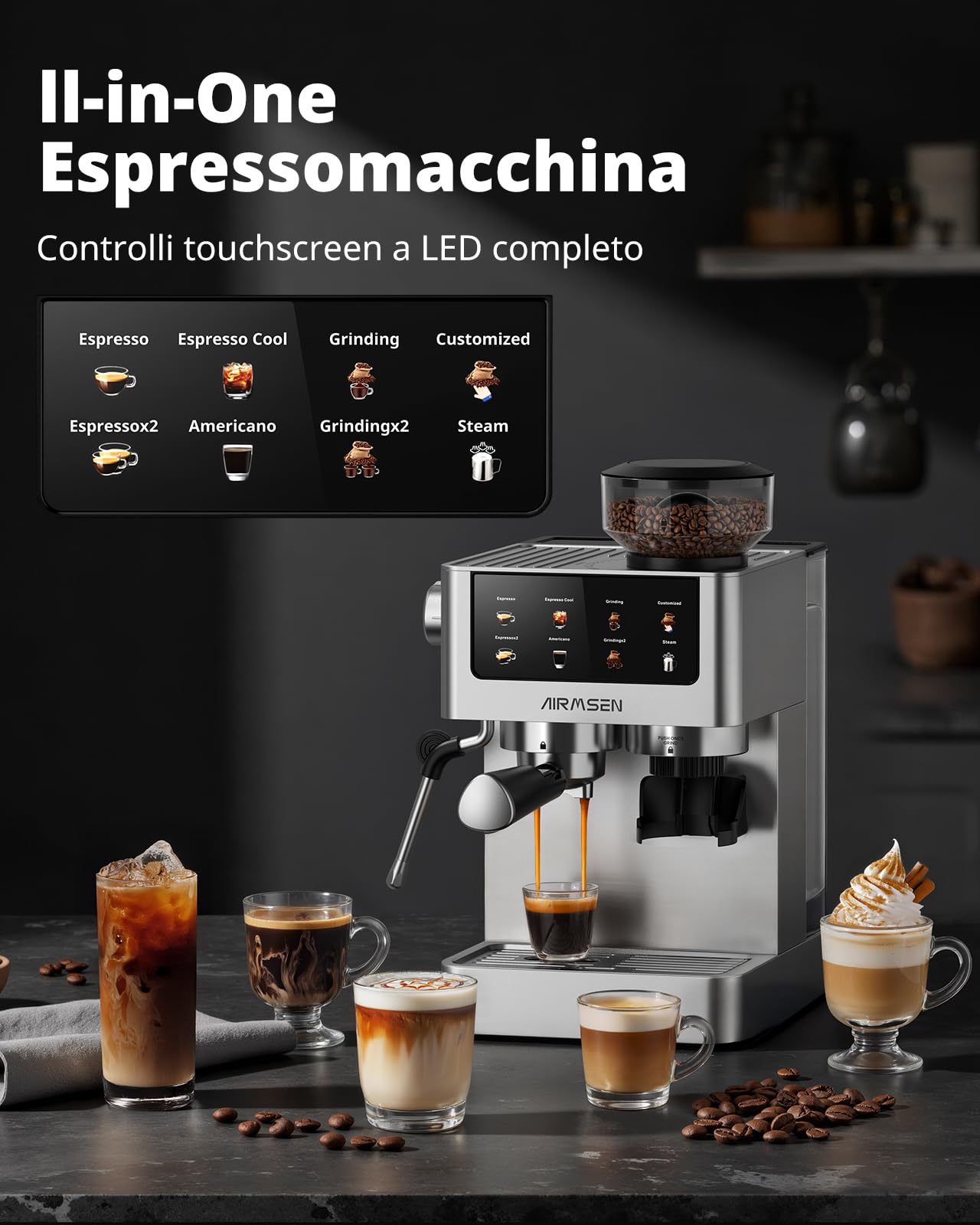 AIRMSEN Macchina per Caffè Espresso con Macinacaffè e Montalatte - Programmable, Compatibile con Caffe Freddo (Cold Brew) e Americano, Macchina da Caffè Domestica per Macinato​/Chicco intero