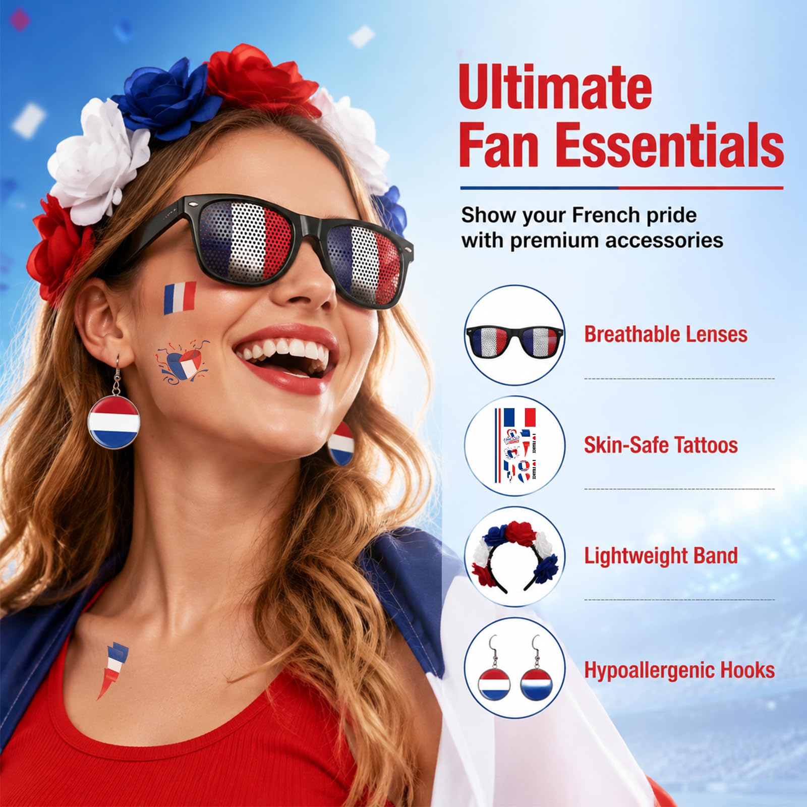Set d'articles pour supporters français femmes Bleu-Blanc-Rouge - Serre-tête, boucles d'oreilles, lunettes de soleil & tatouages