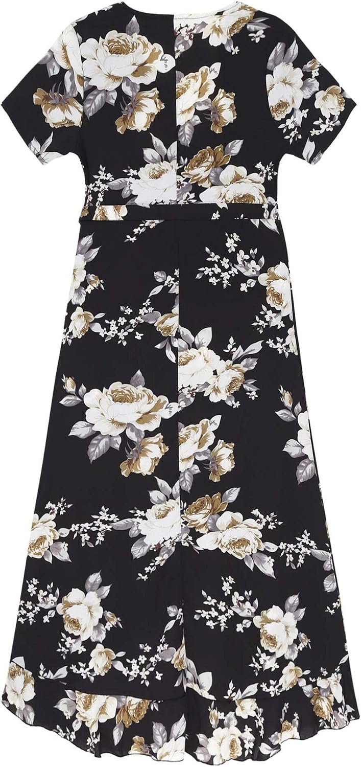 Kaerm Maternity Bohemian Floral Printed Wrap Dress V Neck Short Sleeve High Low Maxi Skirt