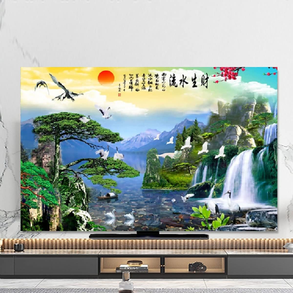Chinese Landscape Painting Waterproof Dust Cover TV Cloth/computer Cover Desktop/Wall Hanging/curved Screen/cover, Living Room/Home Decoration Environmental Protection (Size:85IN(195x115cm),Color:A)