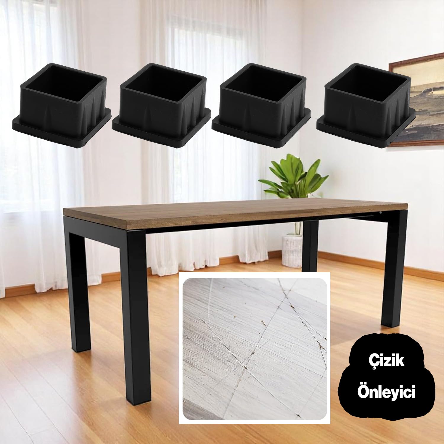 4 ADET Masa Sandalye Sehpa Ayak Tapası Kare Tıpa Papuç Takoz 40 mm x 40 mm Parke Zemin Koruyucu